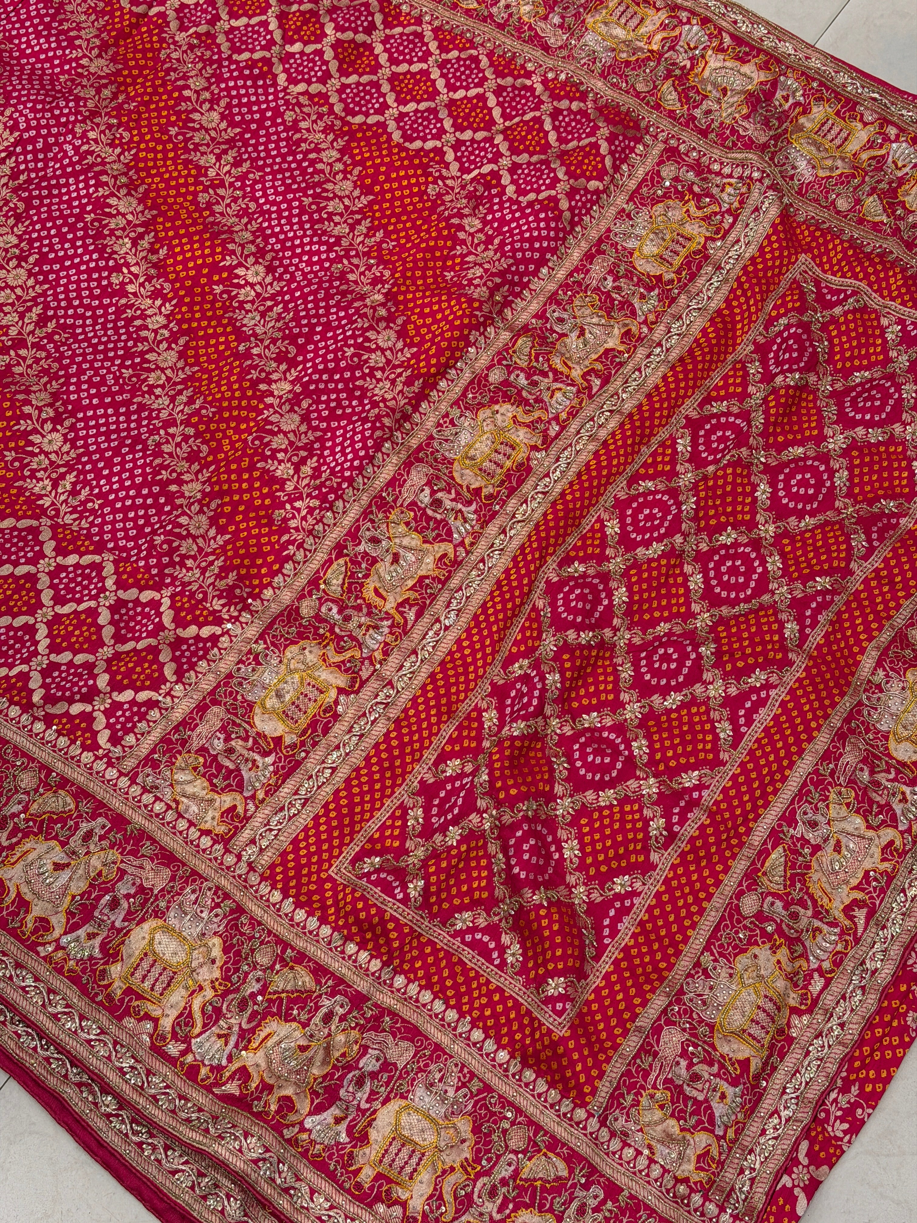 Rani Woven Bandhej Doli Edit Zardosi Hand Embroidery Banarasi Munga Saree