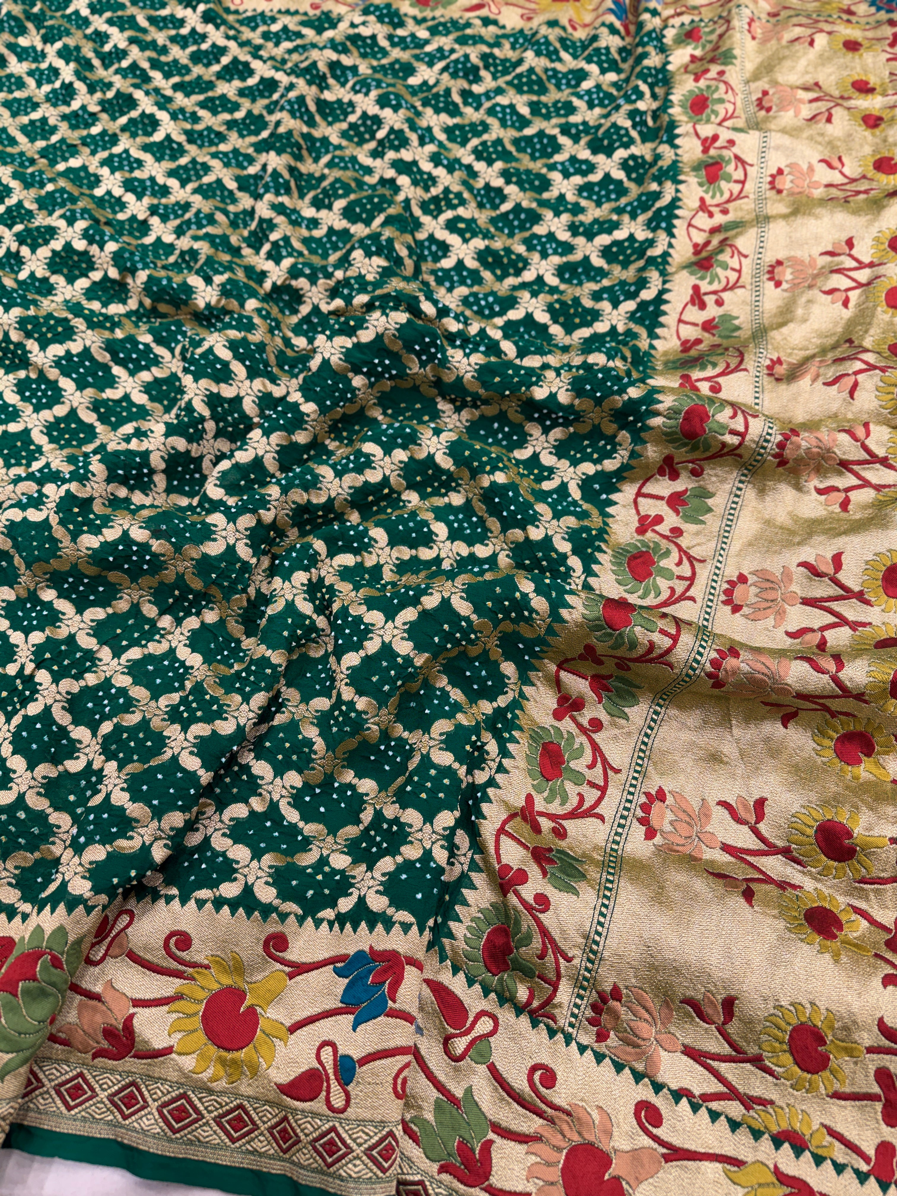 Bottle Green Meenakari Paithani Weaved Pure Handloom Georgette Bandhej Saree