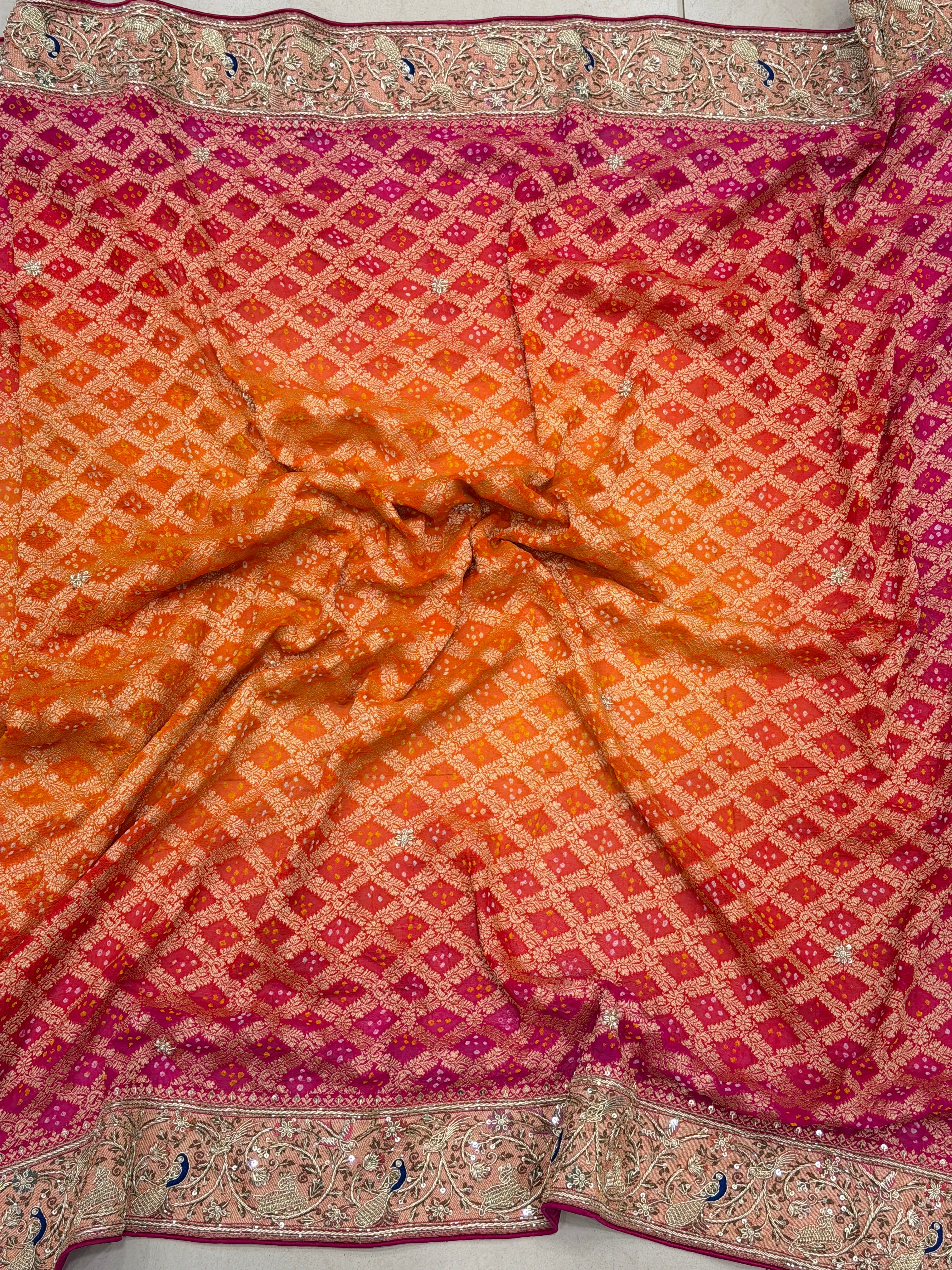 Orange Rani Shaded Meenakari Peacock Zardosi Hand Embroidery Saree