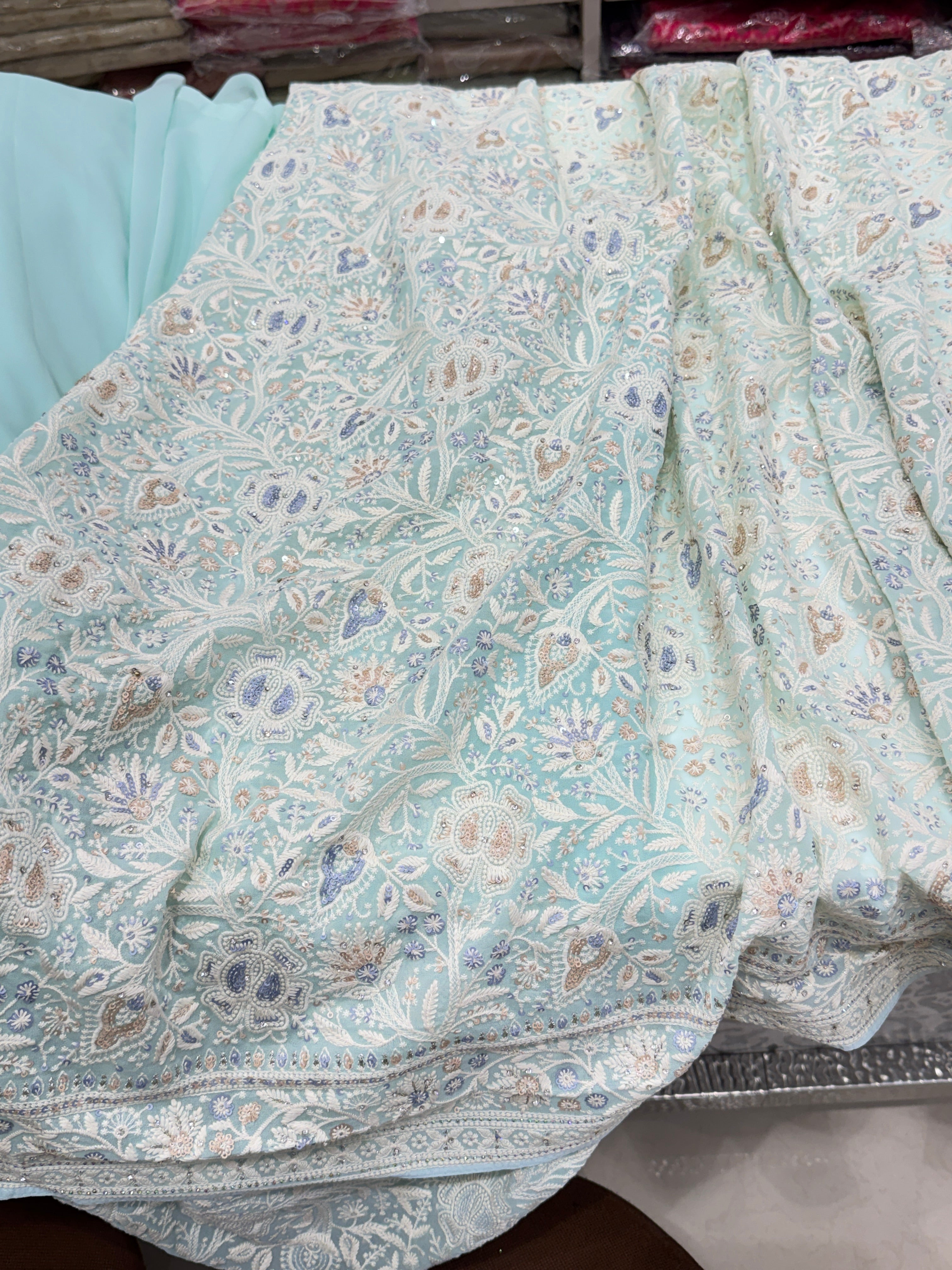 Blue Chikankari Saree Floral Design