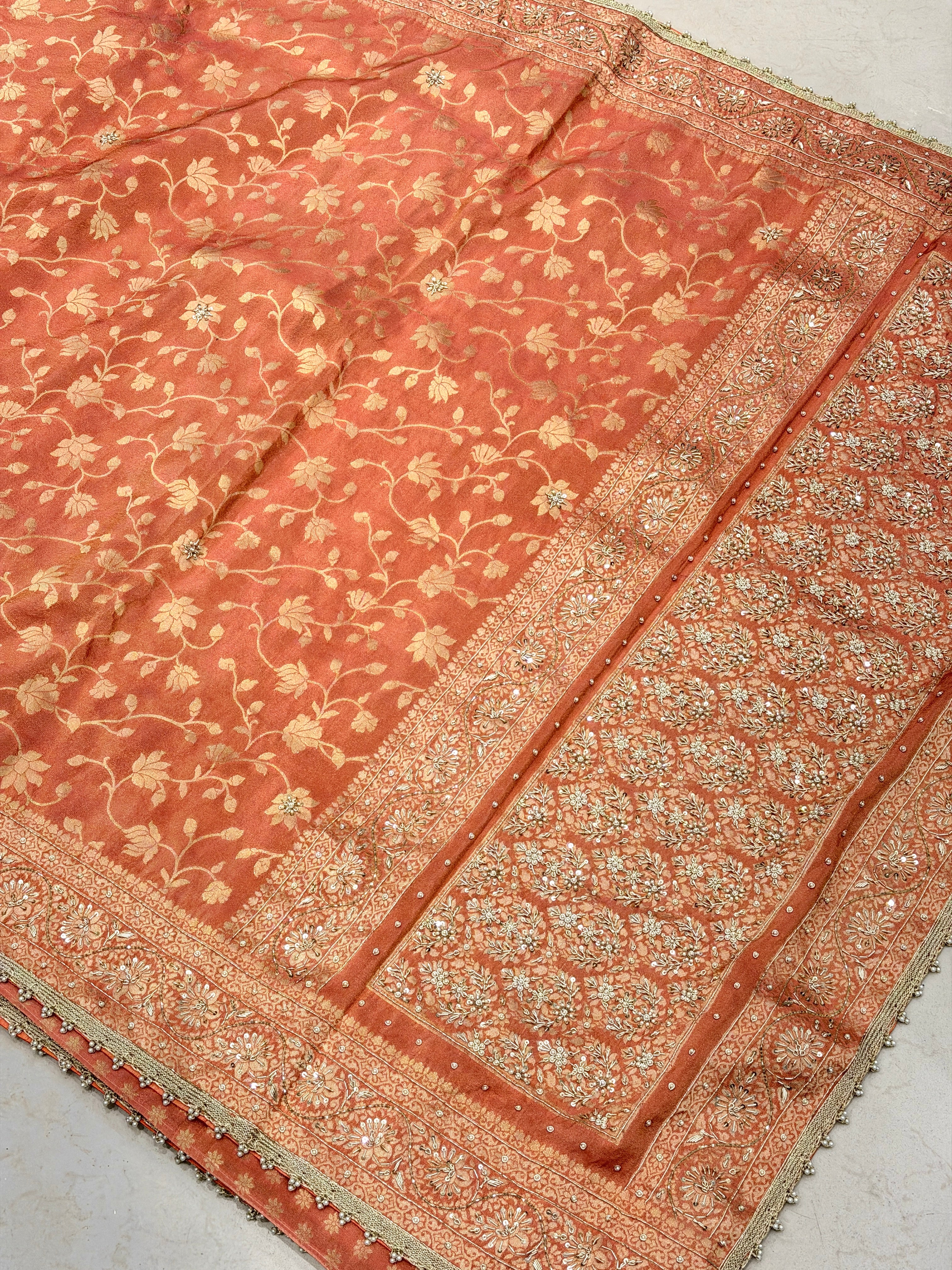 Rust Crepe Tissue Banarasi Weaved Zardosi Hand Embroidery Saree