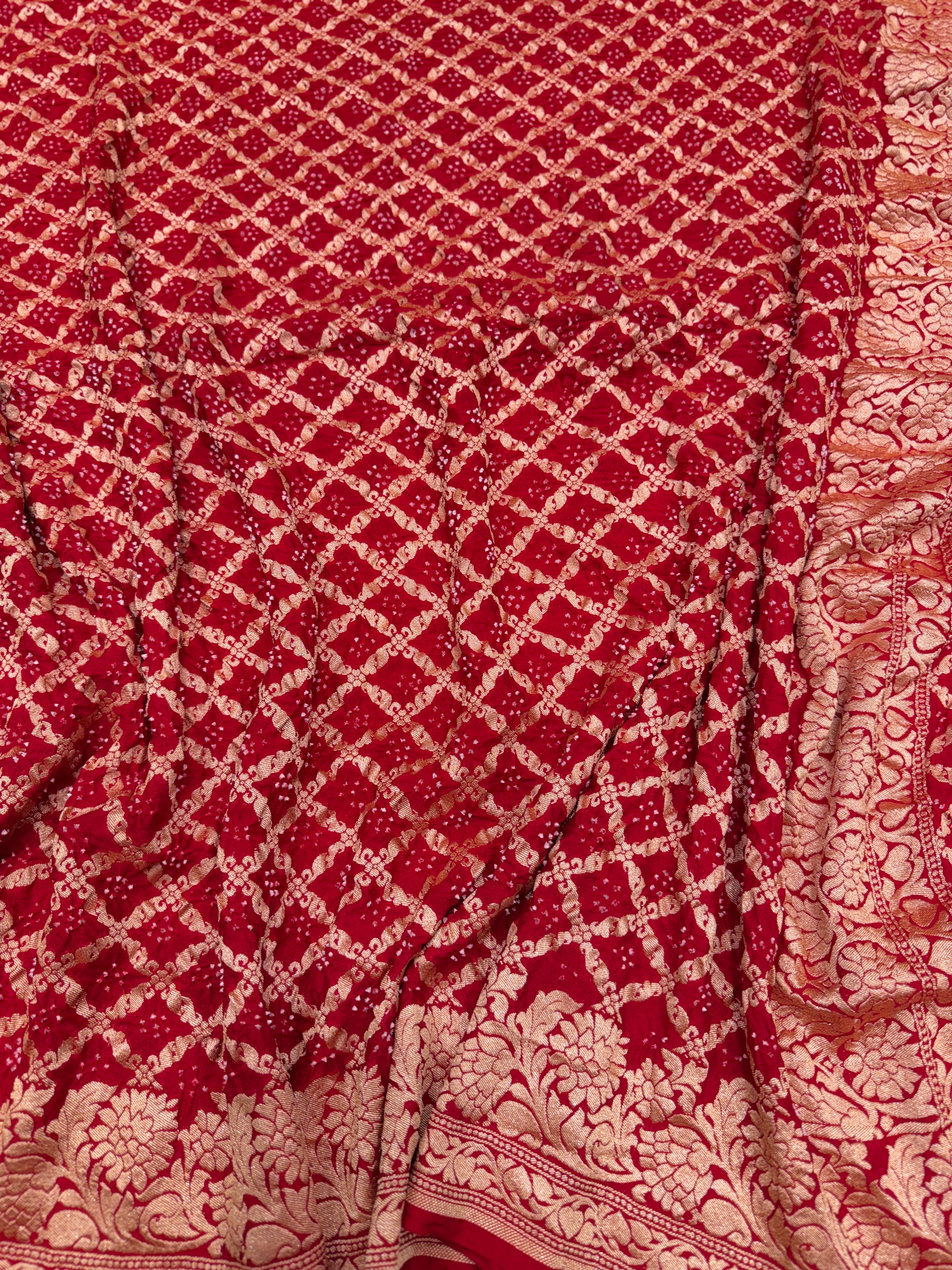 Red Double Floral Border Georgette Handloom Bandhej Bandhini Saree