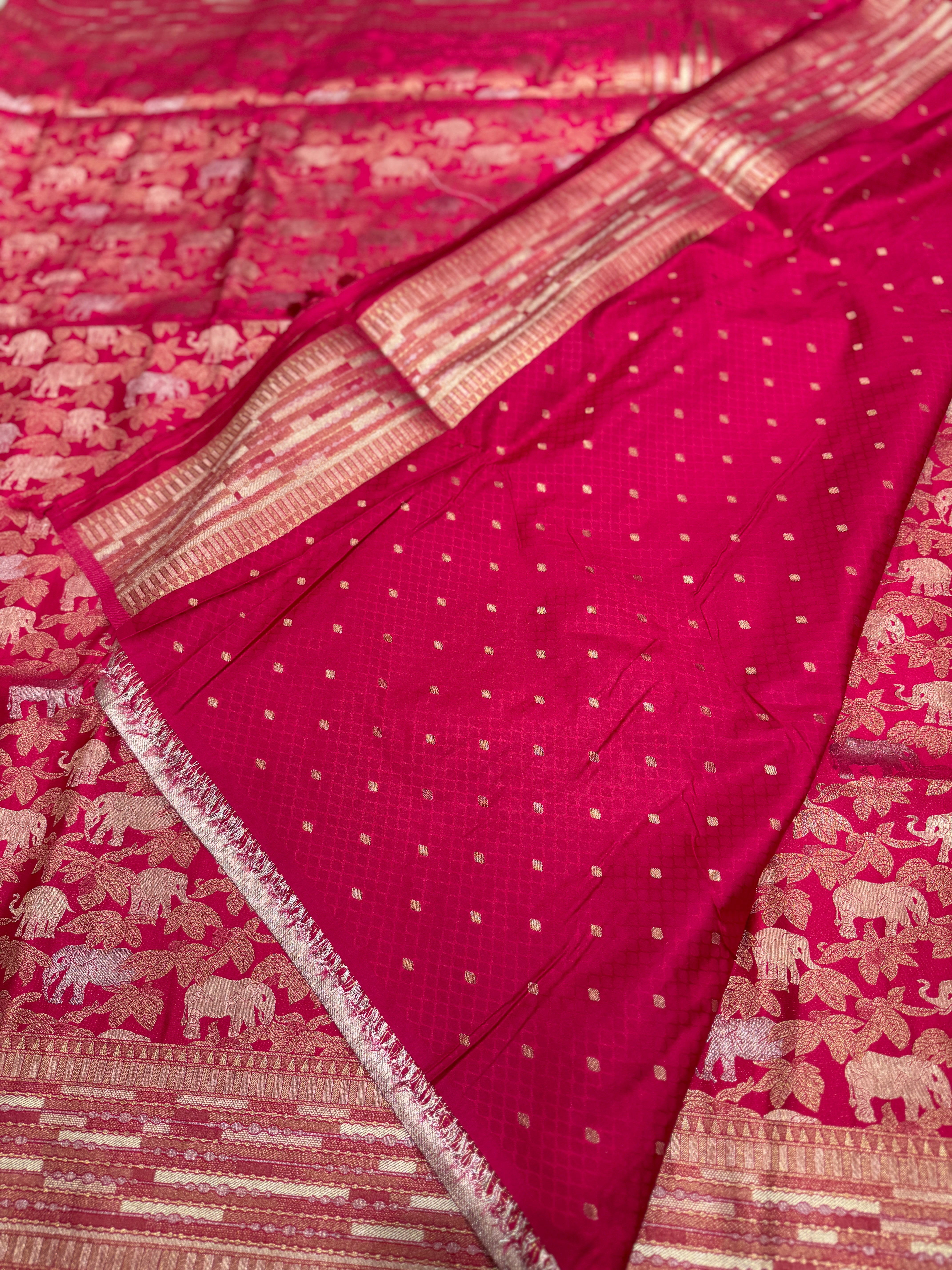 Rani Pink Banarasi Soft Silk Semi Elephant Motif Saree