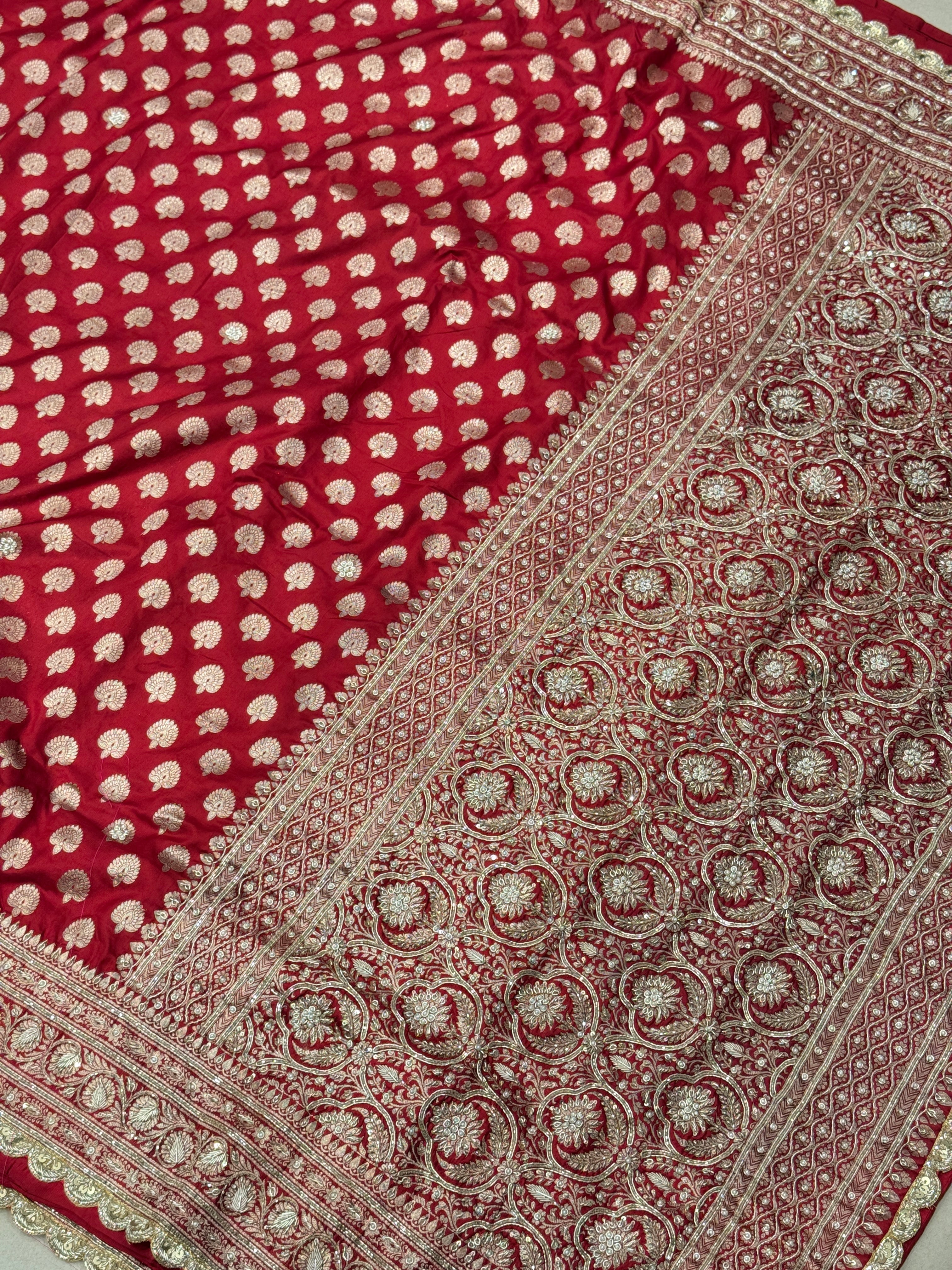 Red Buttis Handloom Banarasi Pure Katan Zardosi Embroidery Saree