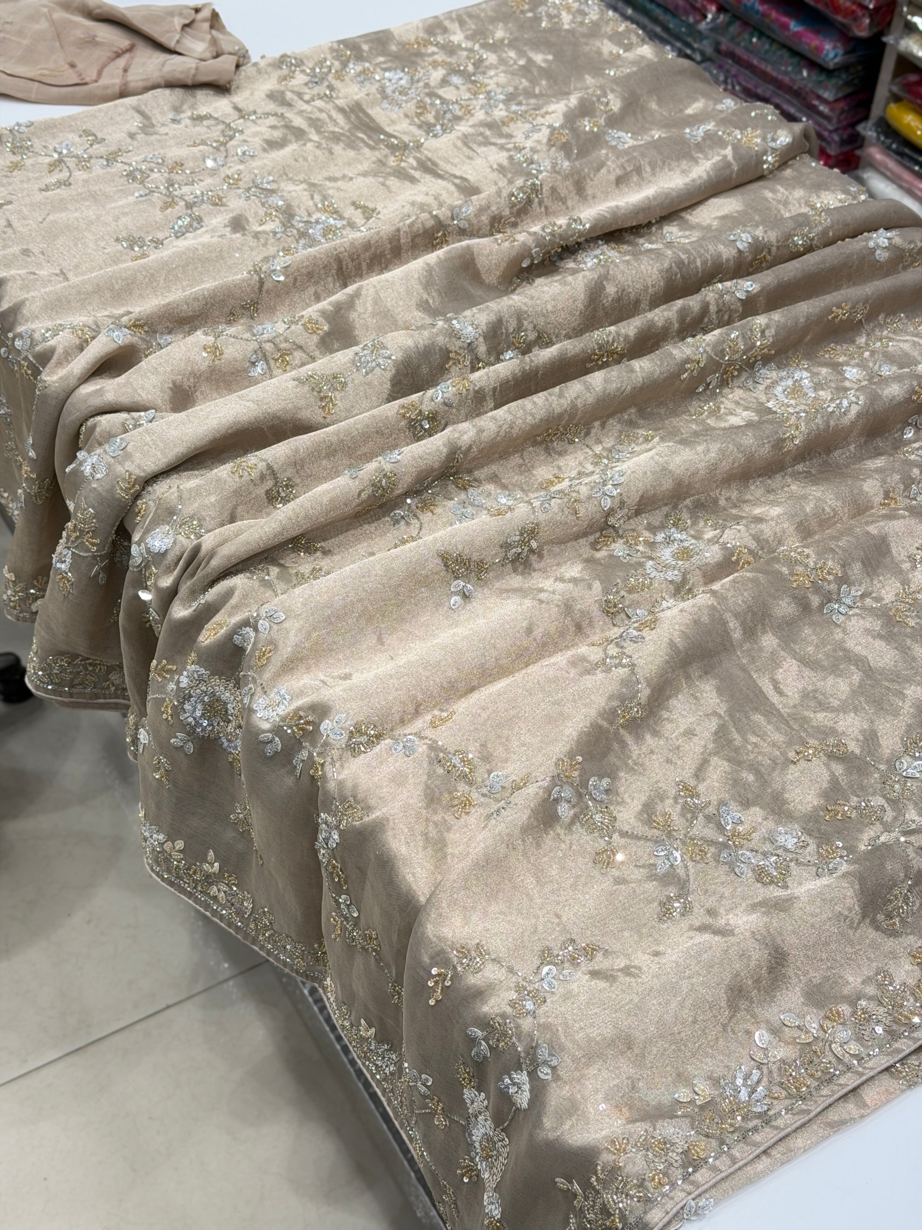 Rosegold Silver Pure Tissue Silk Sequin Moti Hand Embroidery Saree