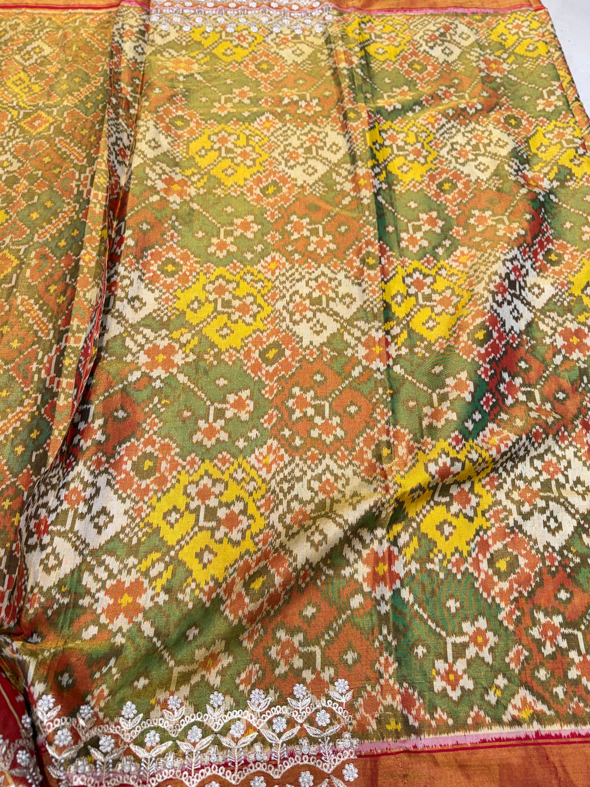 Mustard Tissue Patan Patola Zardosi Hand Embroidery Saree