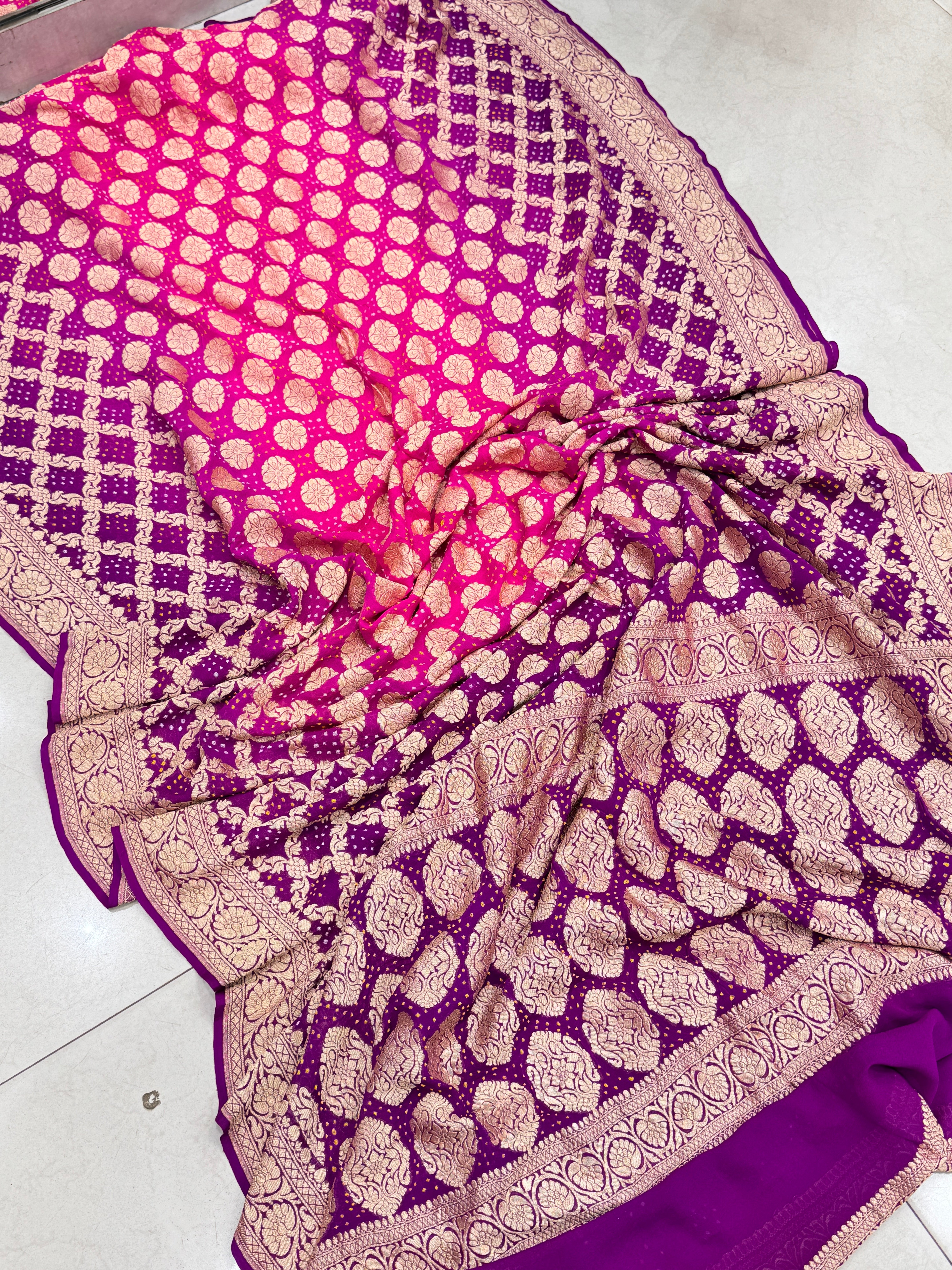 Shaded Rani Magenta Bandhej Bandhini Saree