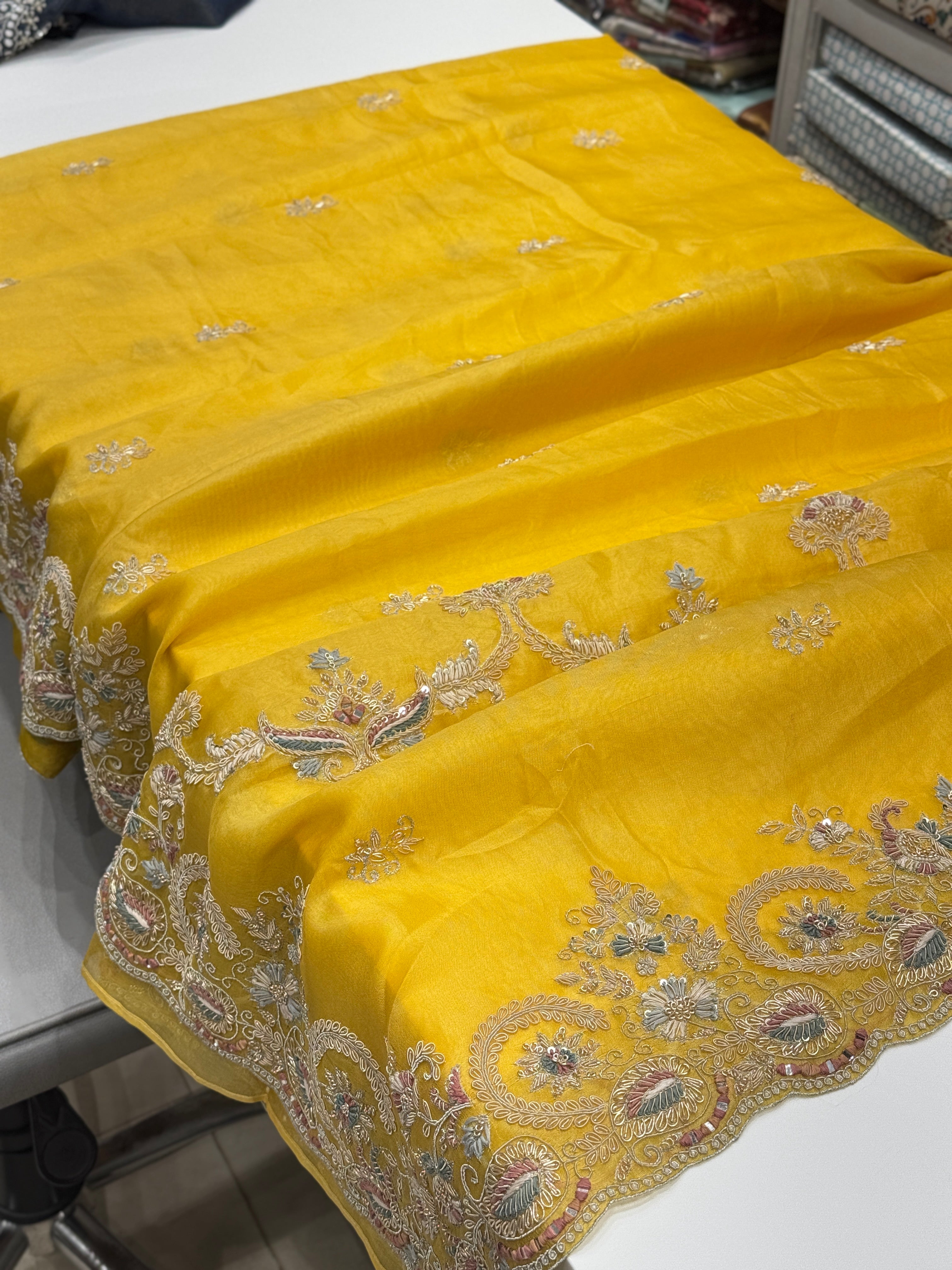 Yellow Organza Zardosi Resham Embroidery Saree