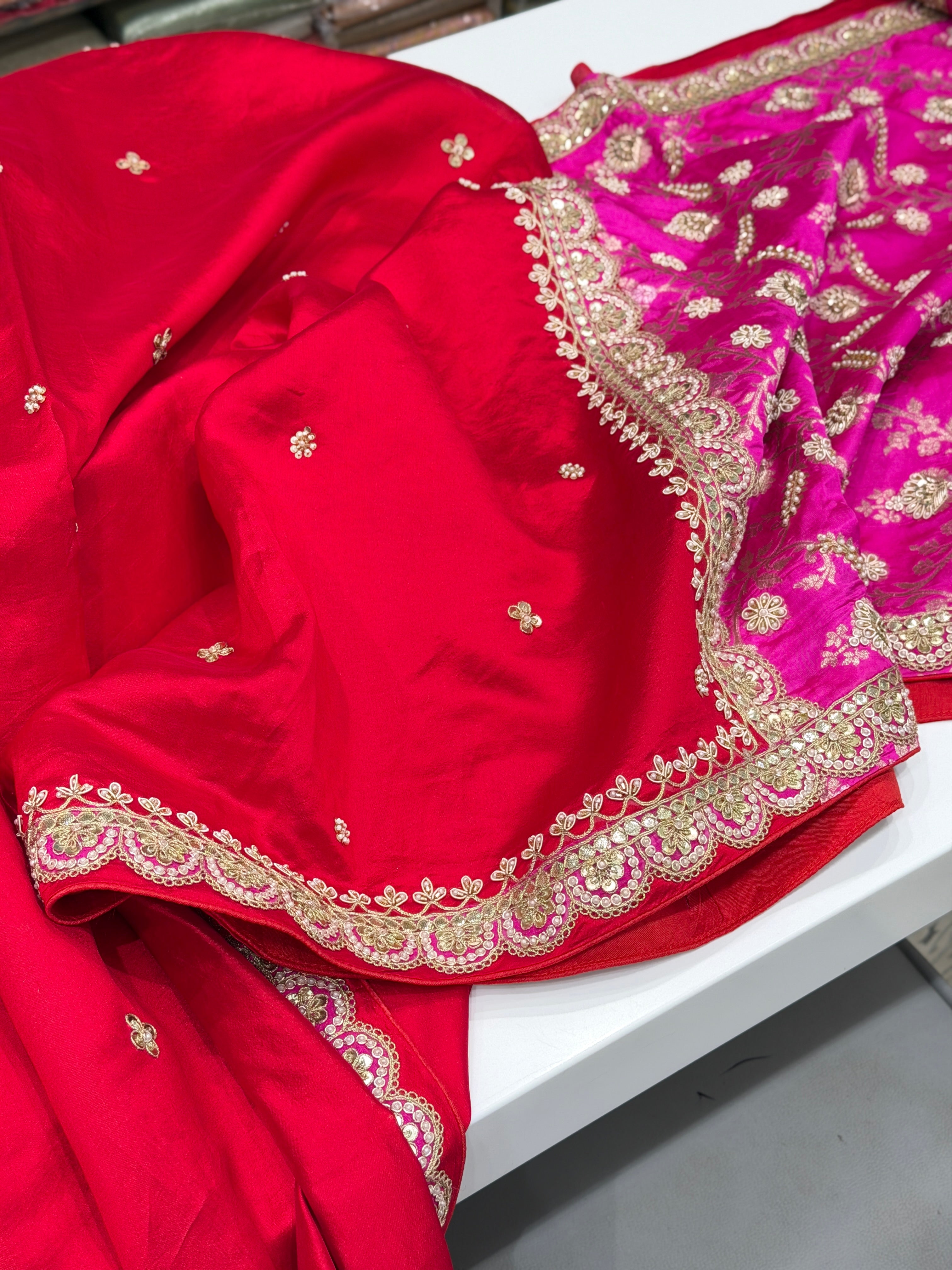 Red Rani Pink Pure Silk Katan Marodi Hand Embroidery Fusion Saree