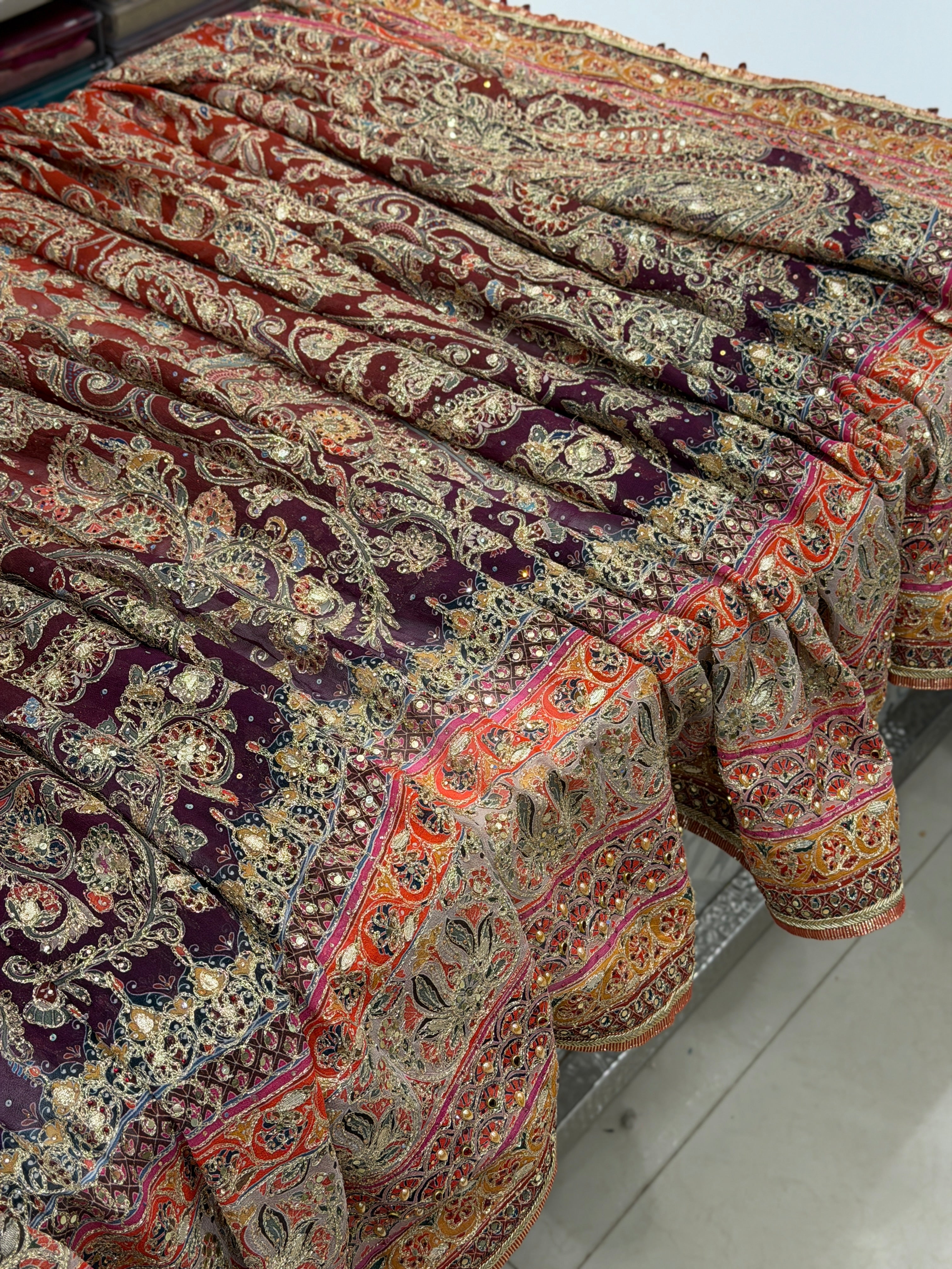 Rust Shaded Kashida Keri TT inspired Banarasi Crepe Hand Embroidery Saree