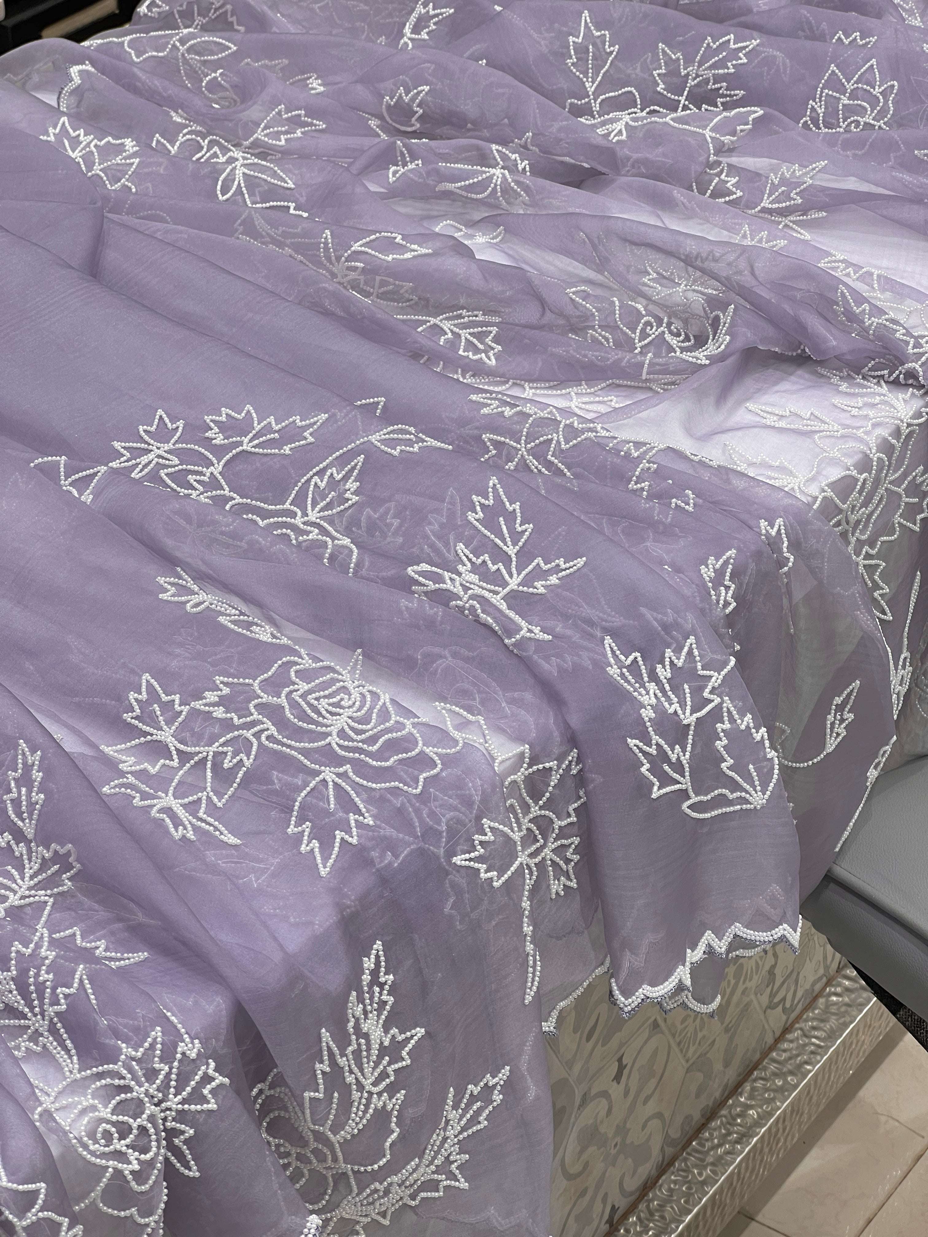 Dark Lilac Organza Moti Hand Embroidery Saree