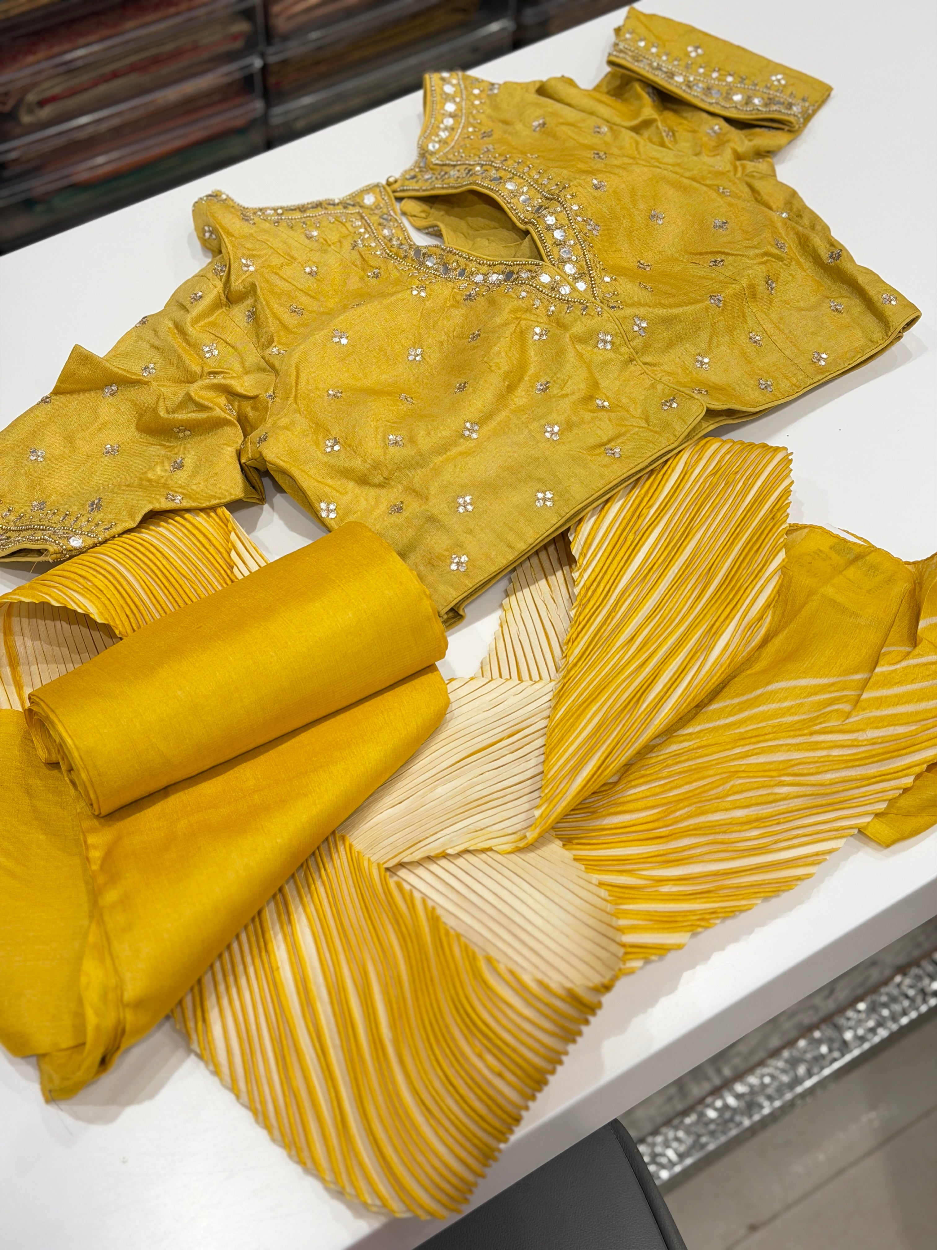 Yellow Crushed Tussor Arashi Shibori Dye with Moti Embroidery Ready Blouse Saree