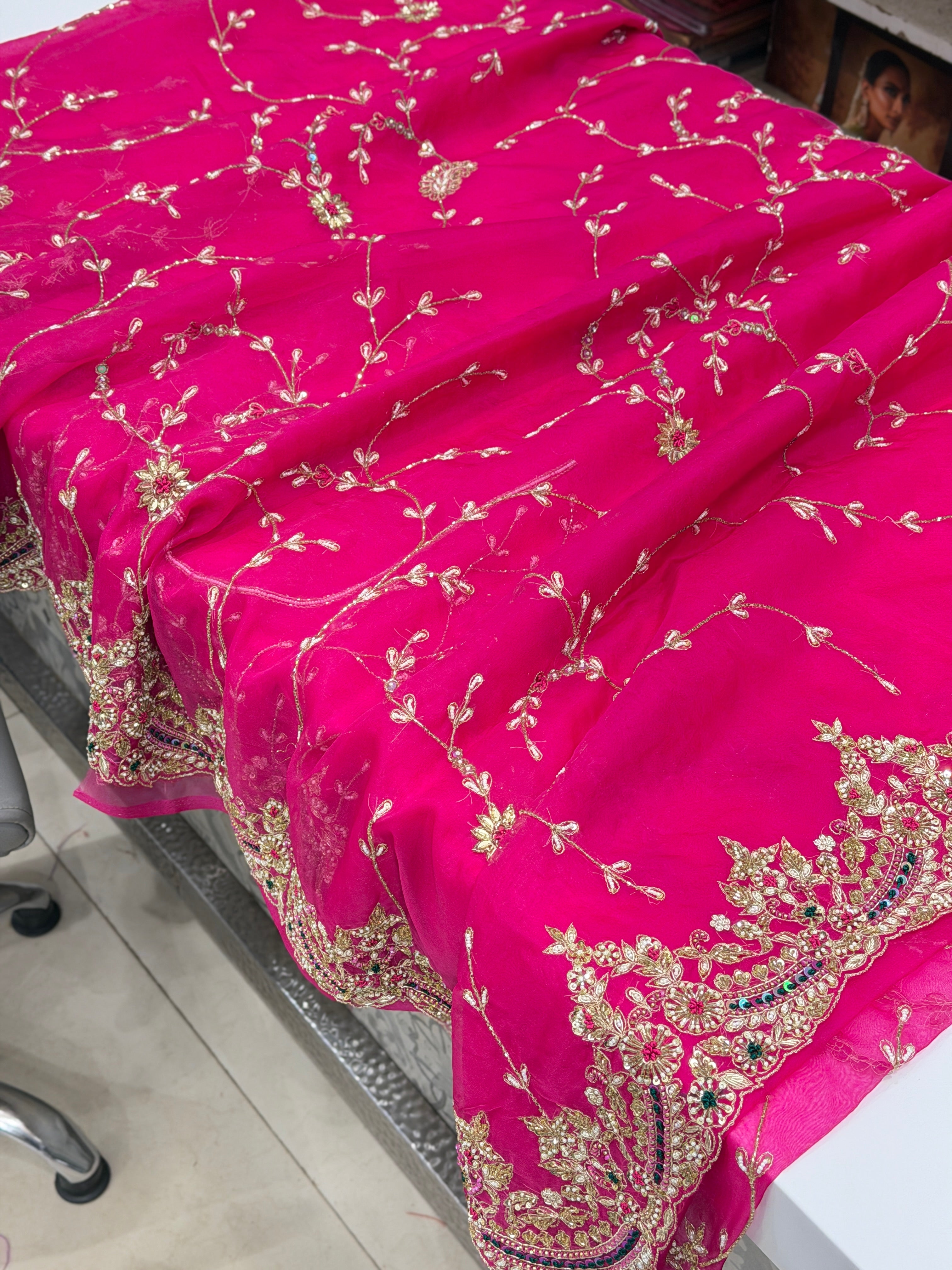 Rani Pink Organza Zardosi Resham Hand Embroidery Saree