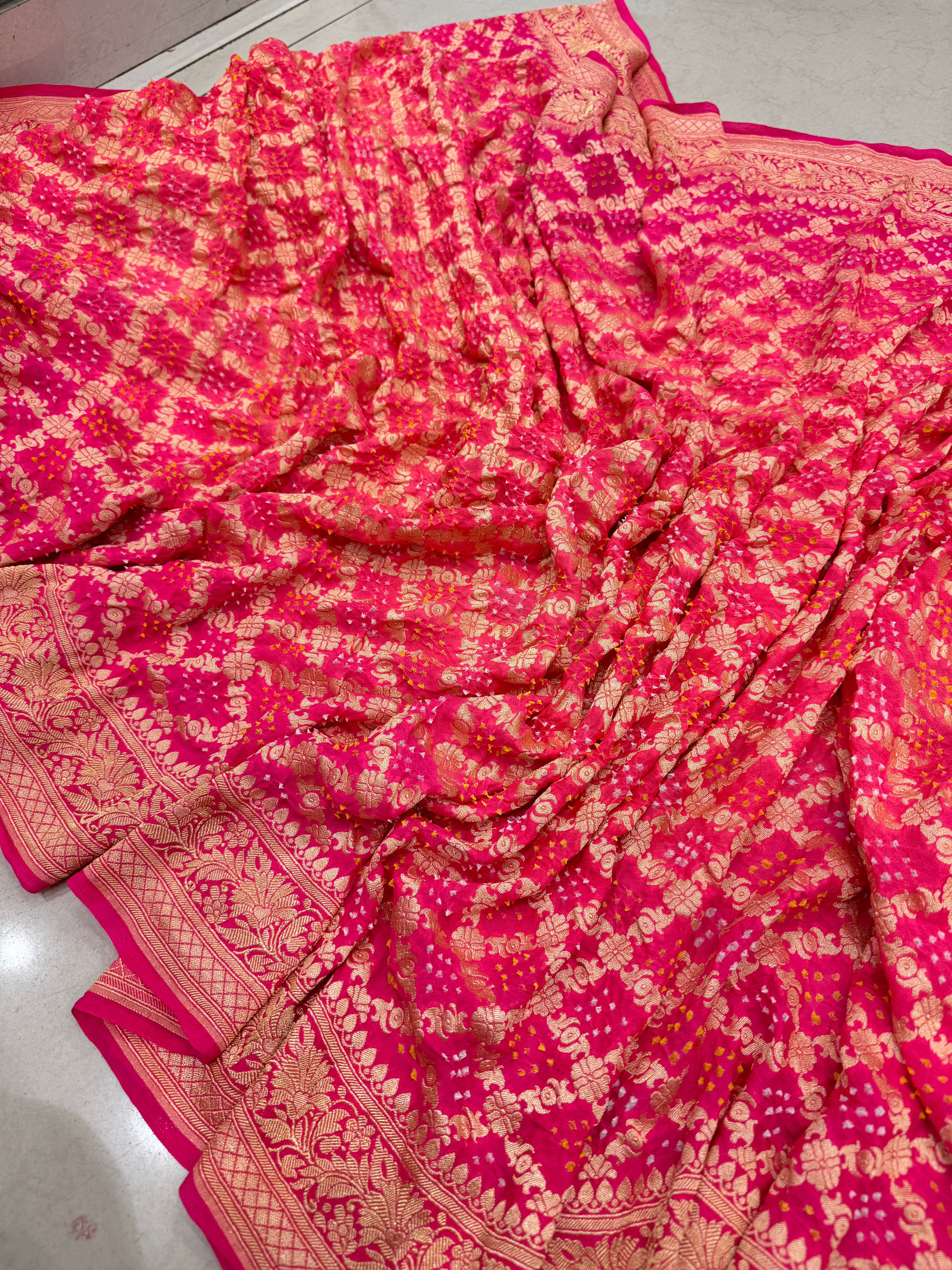 Strawberry Peach Shaded Bandhej Bandhini Saree