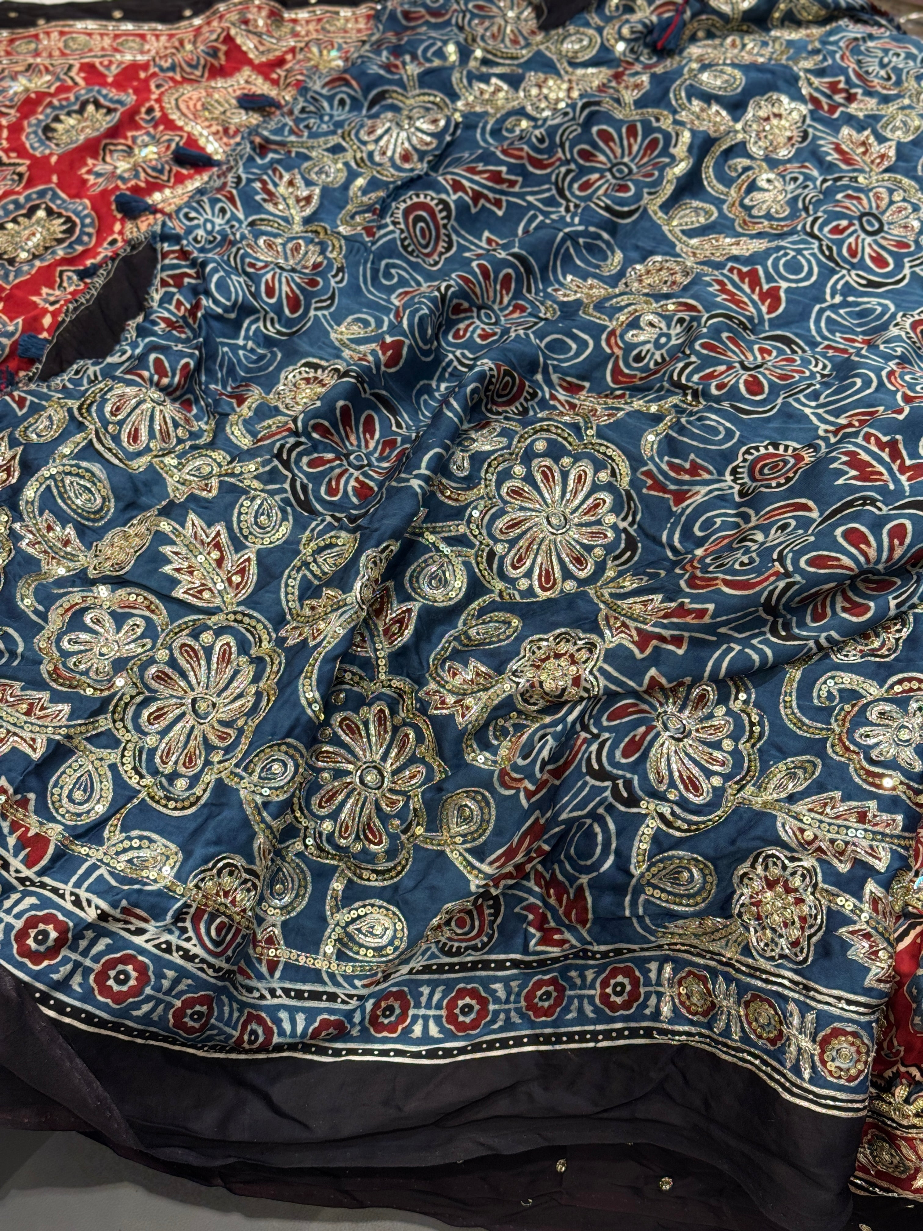Red Blue Pallu Badam Jaal Ajrakh Hand Embroidery Saree