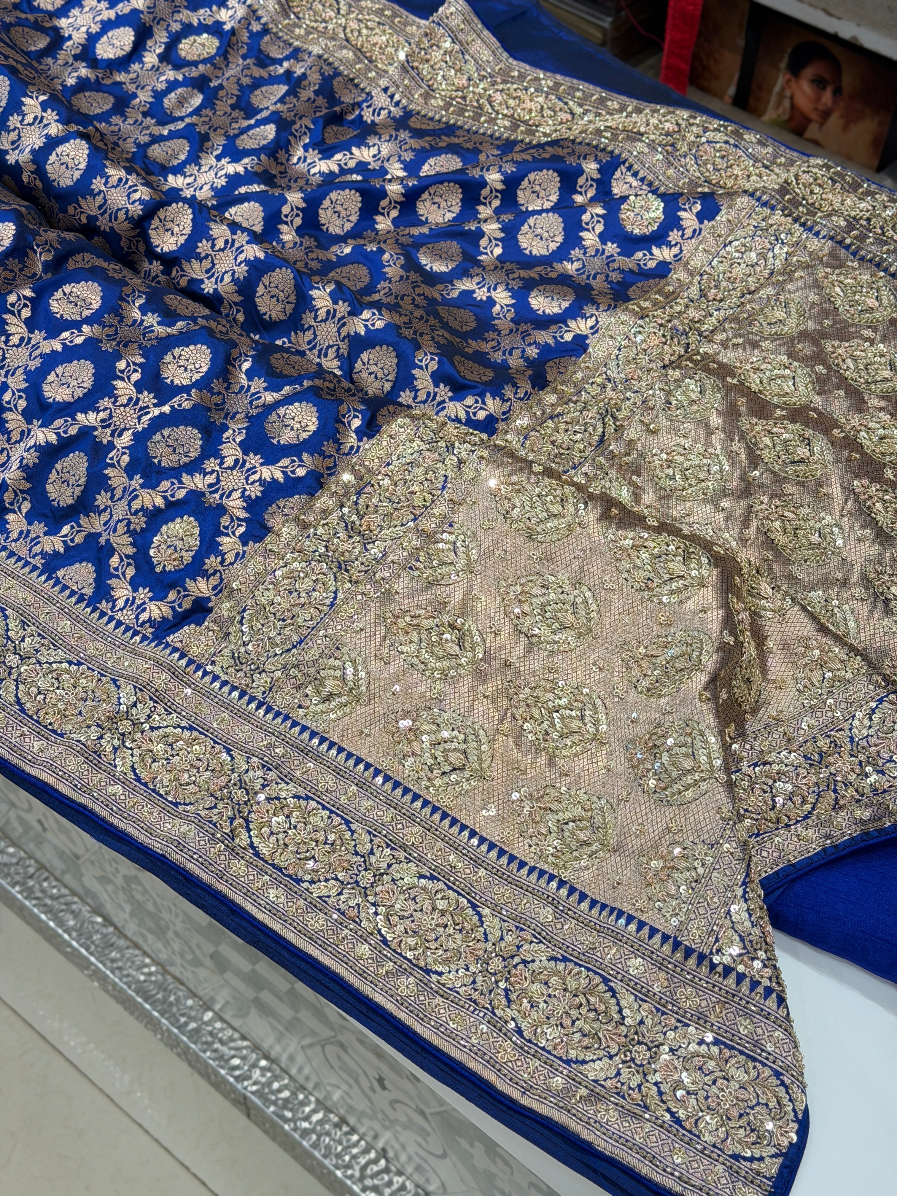 Blue Handloom Banarasi Katan Zardosi Hand Embroidery