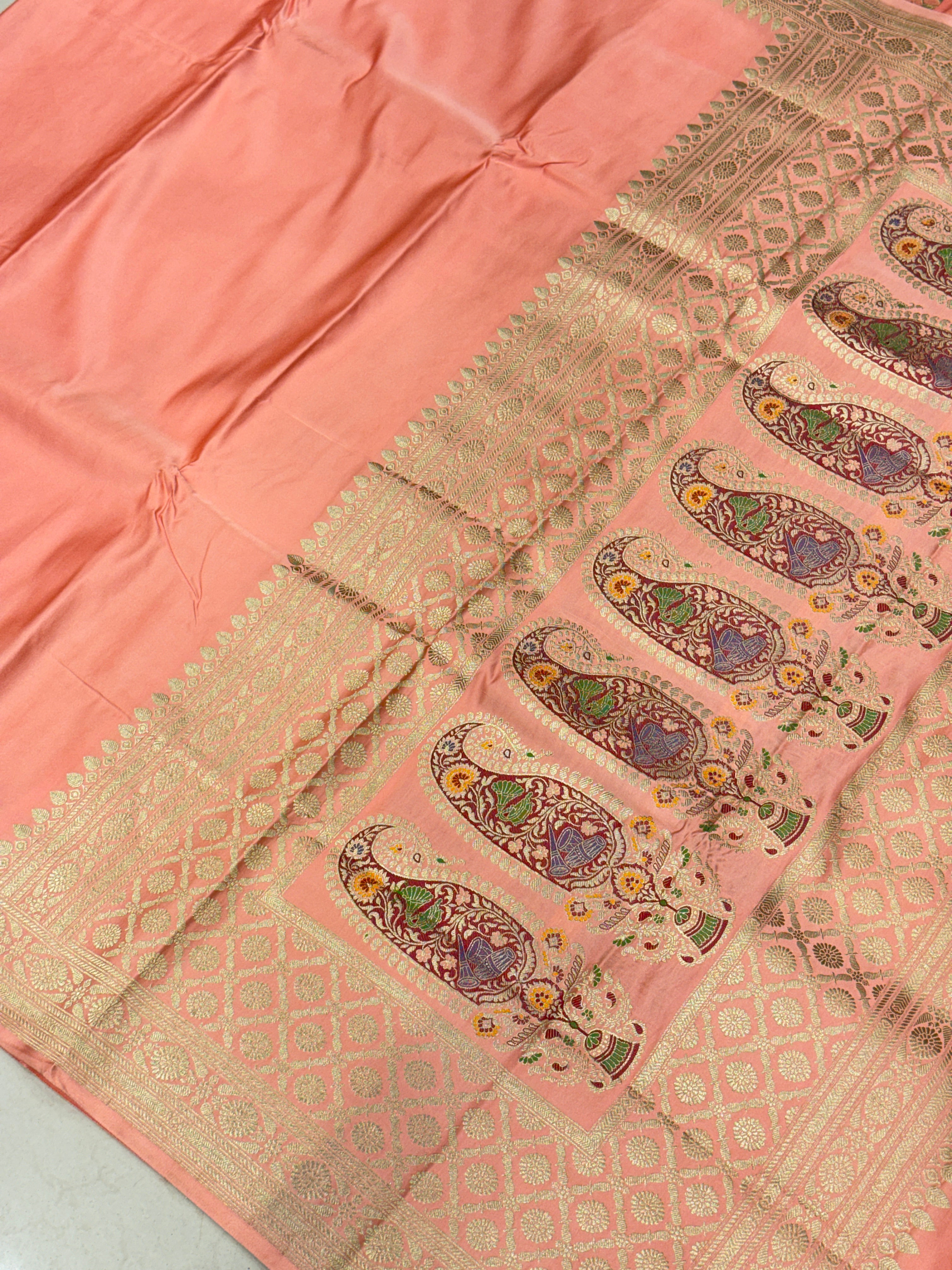 Peach Banarasi Silk Plain Body Meena Pallu Saree