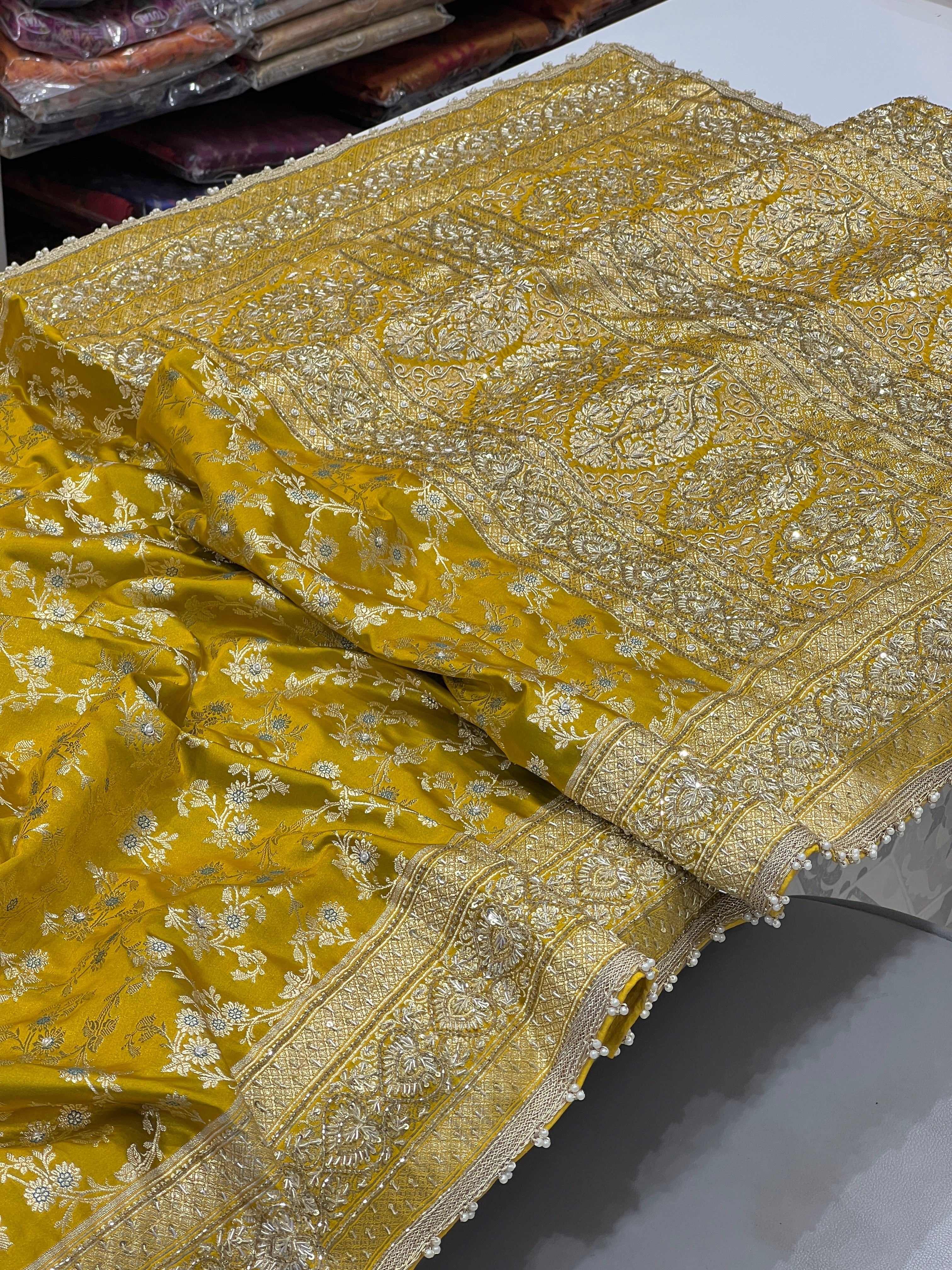 Yellowish Green Banarasi Zardozi Hand Embroidery Saree