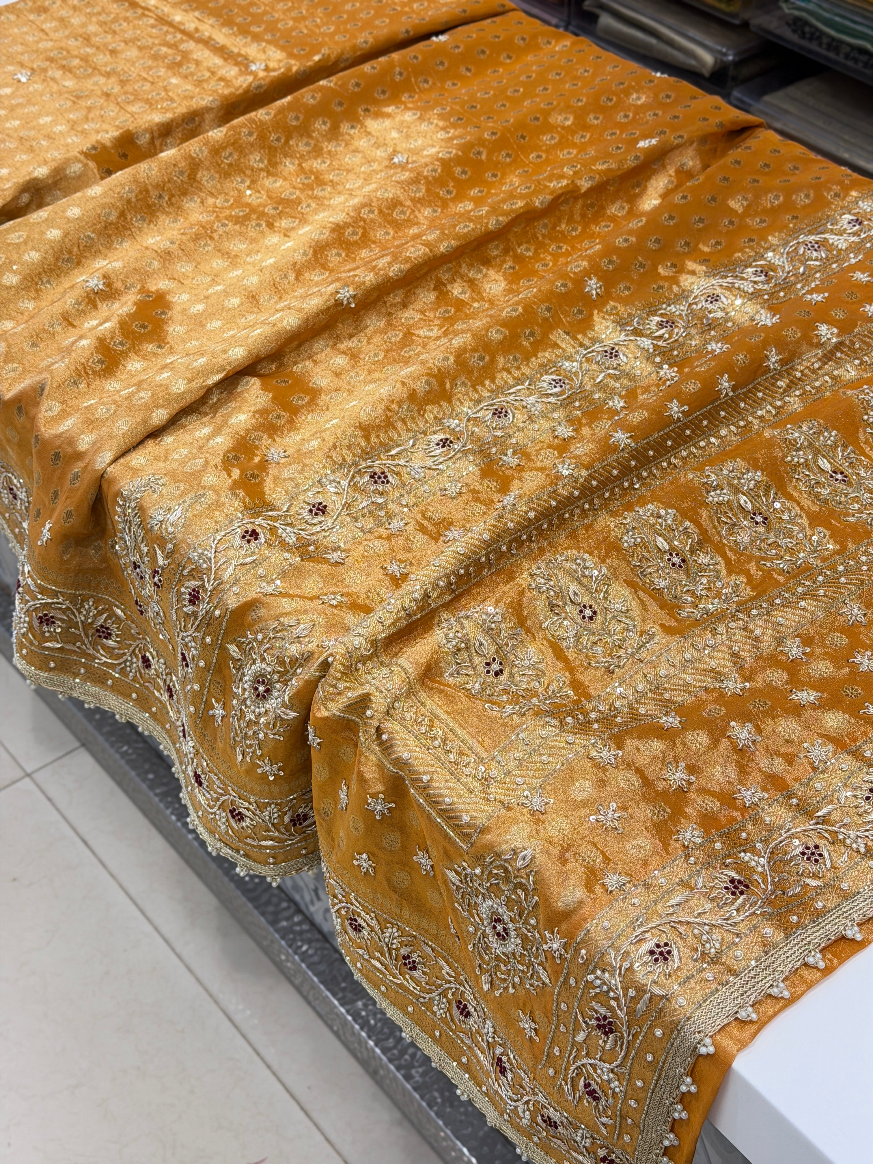 Rust Orange Banarasi Tissue Buttis Hand Embroidery Zardosi Saree