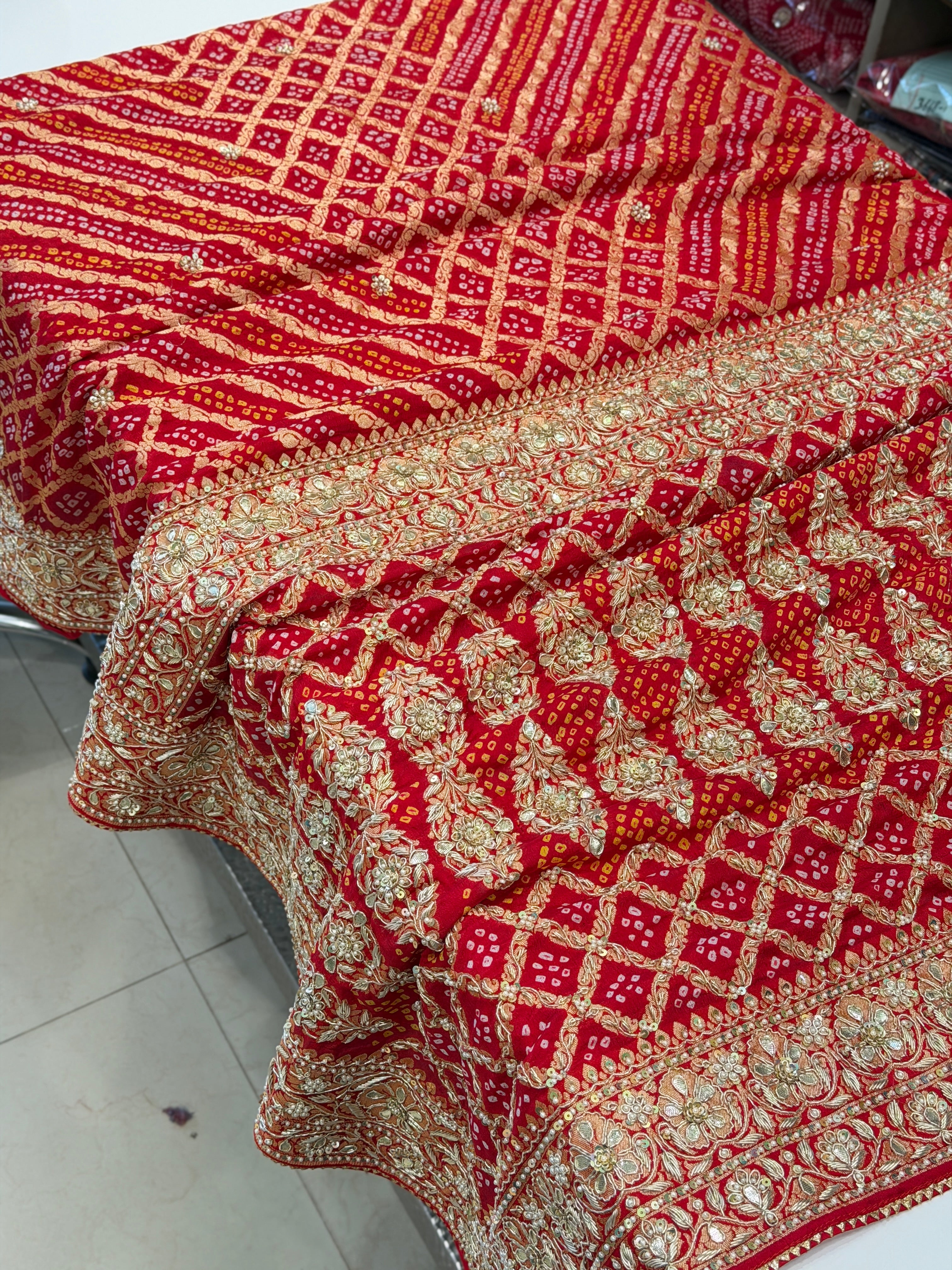 Red Bandhej Handloom Georgette Zardosi Hand Embroidery Saree