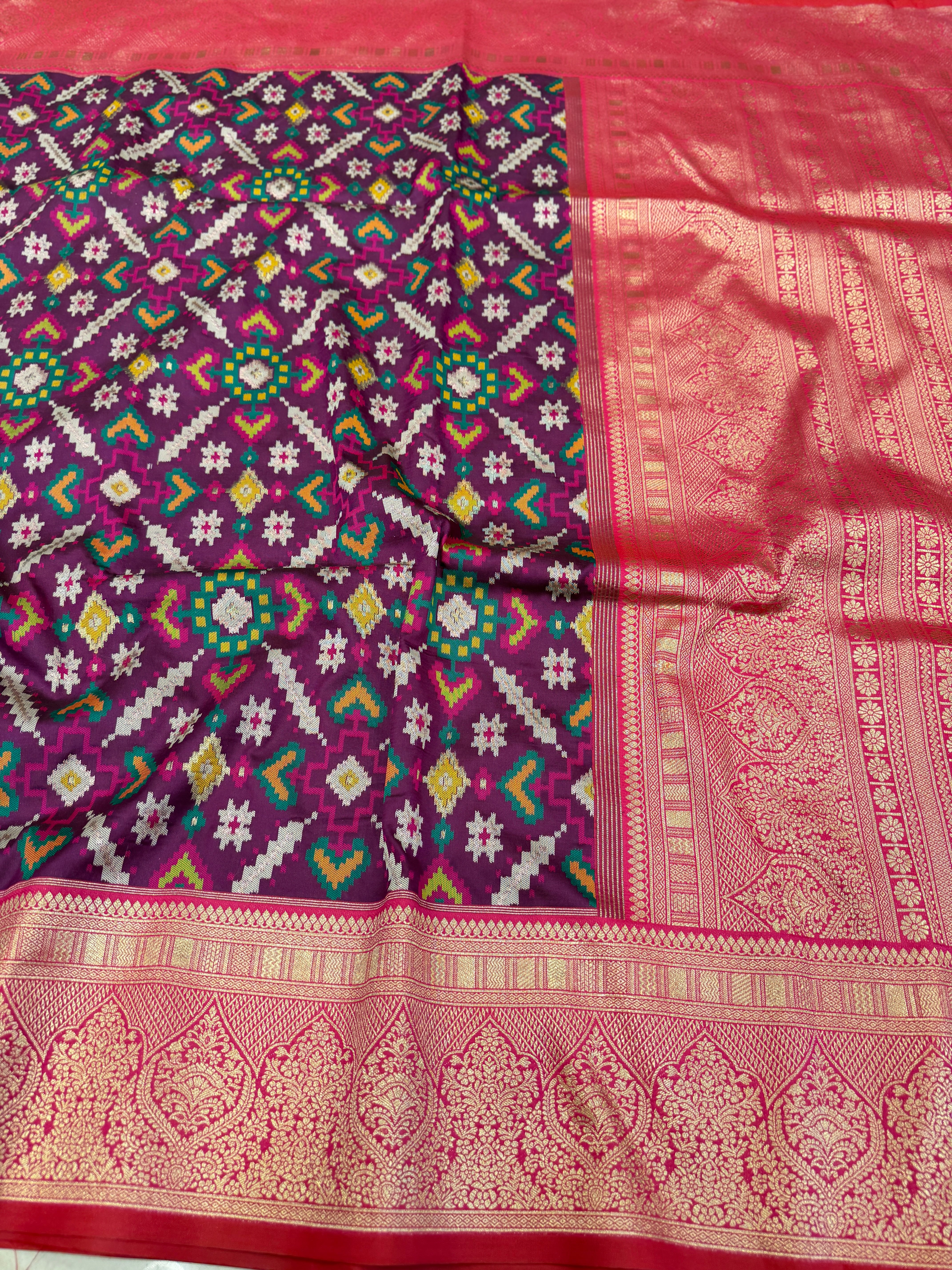 Wine Ratan Chowk Ikat Patola Banarasi Weaved Jaal Saree