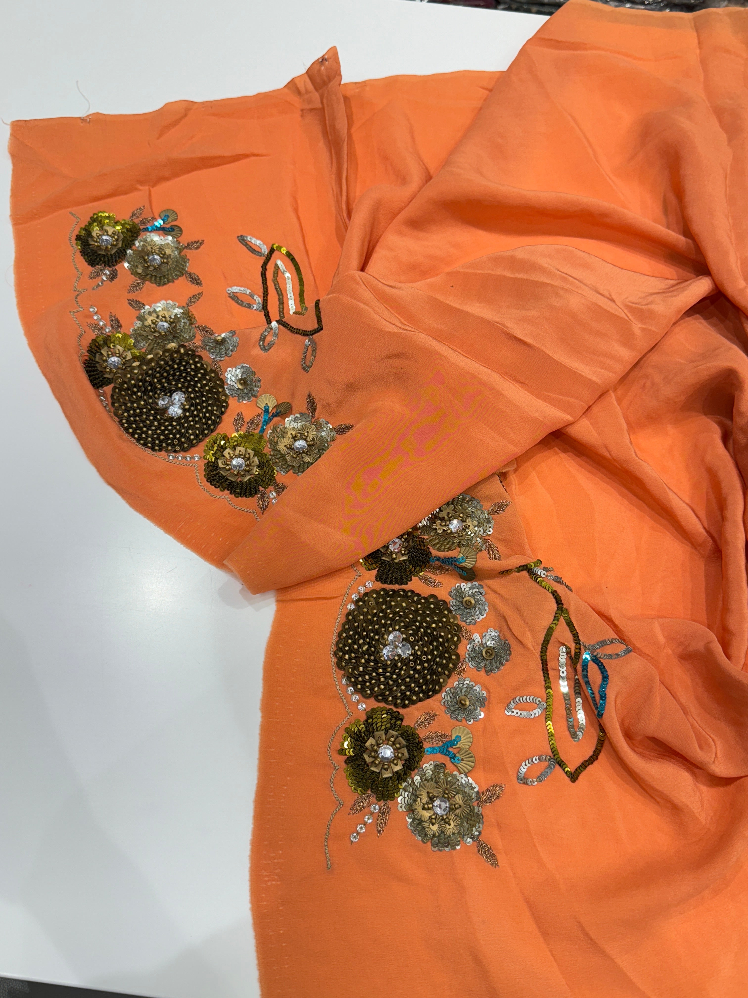 Orange Pure Crepe Hand Embroidery Saree