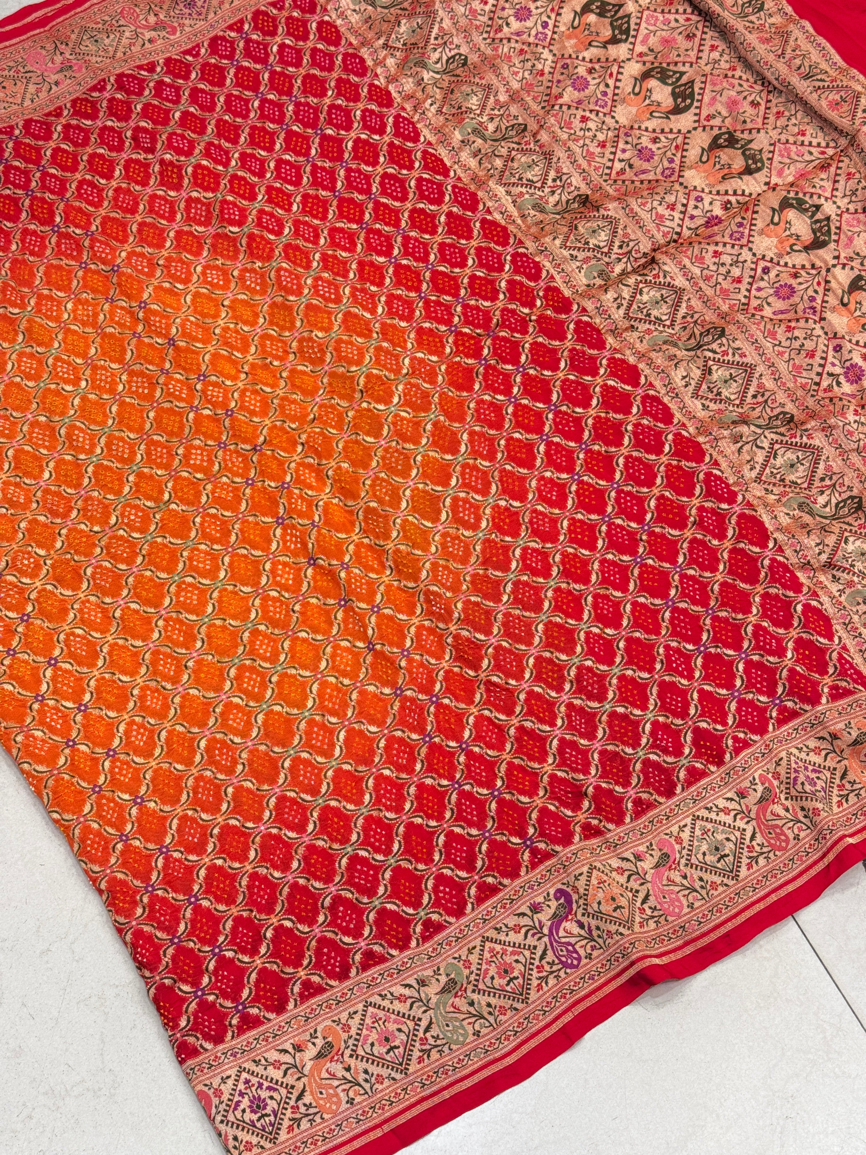 Shaded Orange Red Bandhej Meenakari Saree Rani Bandhej