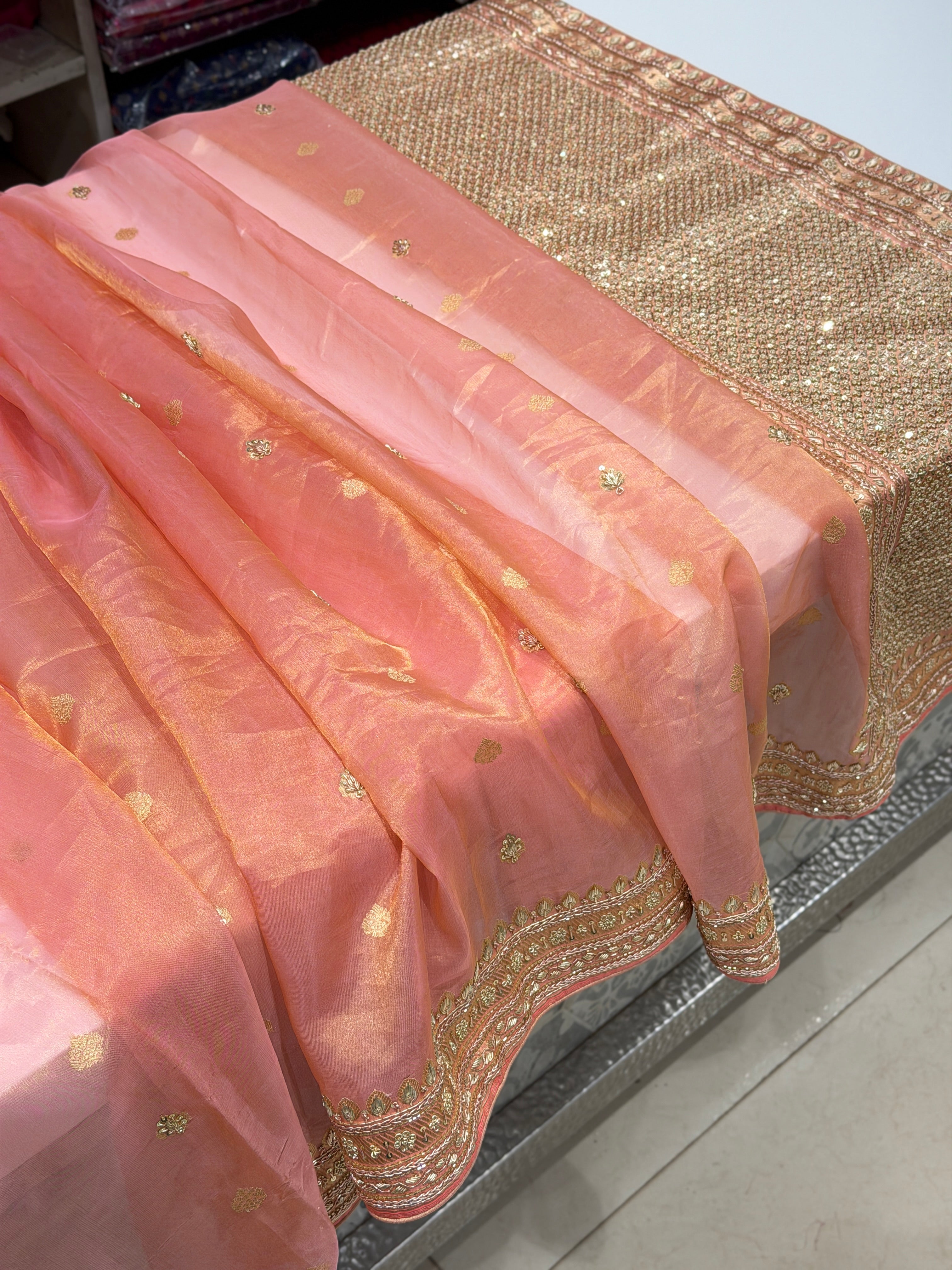 Pink Banarasi Tissue Handloom Kadwa Weave Zardosi Embroidery Saree