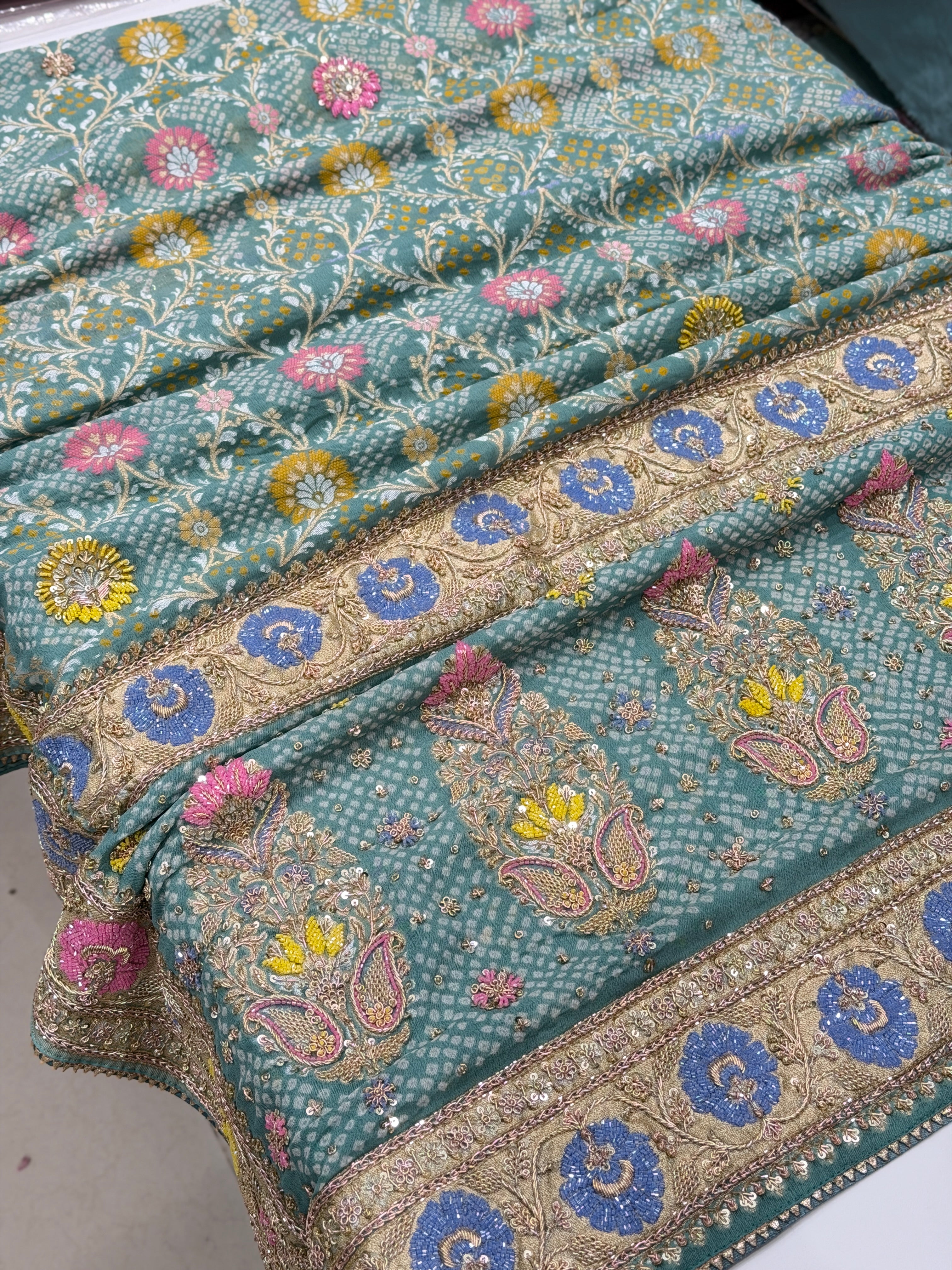 Pastel Powder Blue Meenakari Bandhej Zardodi Sequin Hand Embroidery Saree