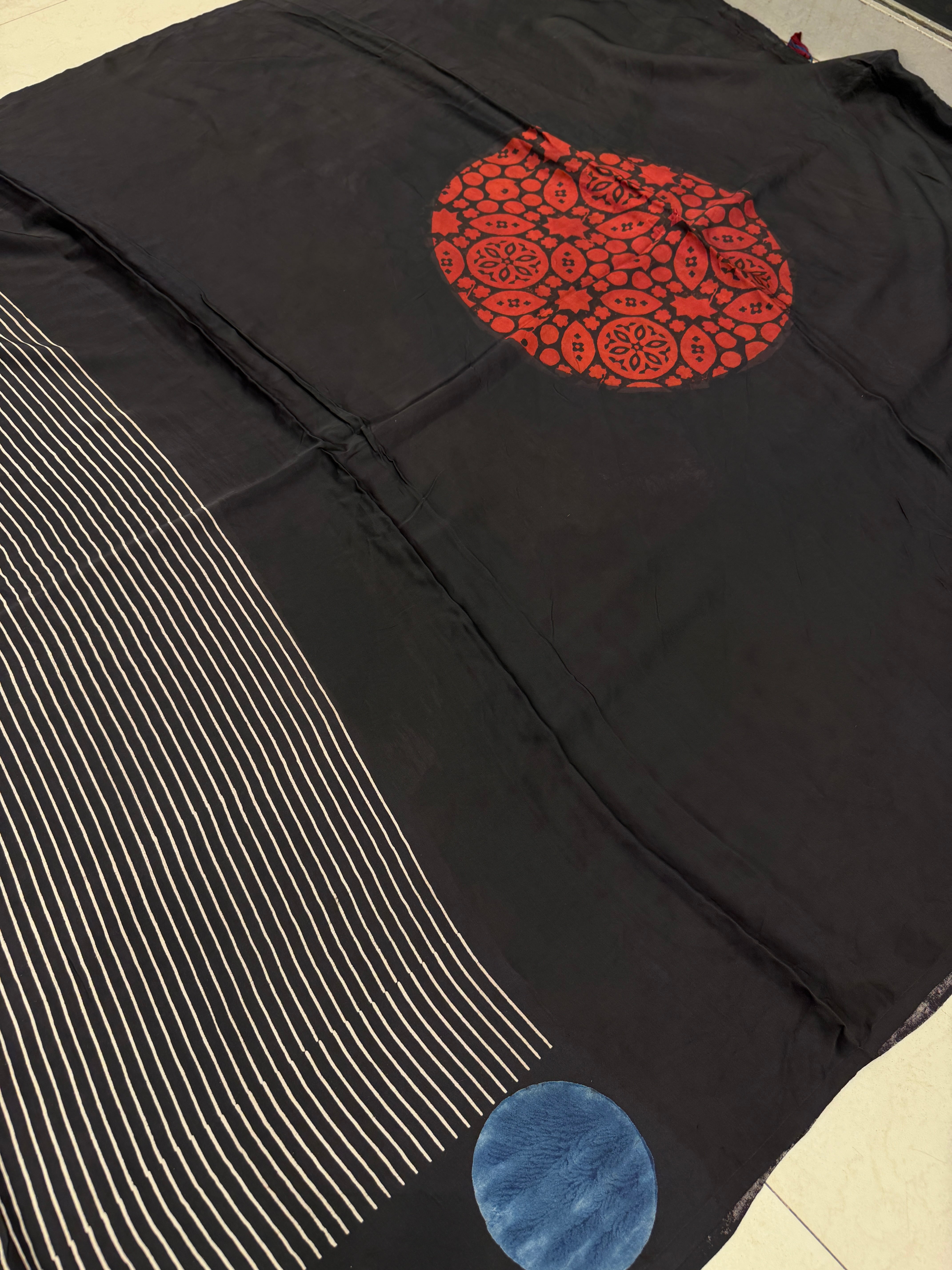 Black Contemporary Moon Border Ajrakh Block Print Hand Pure Gajji Silk Saree
