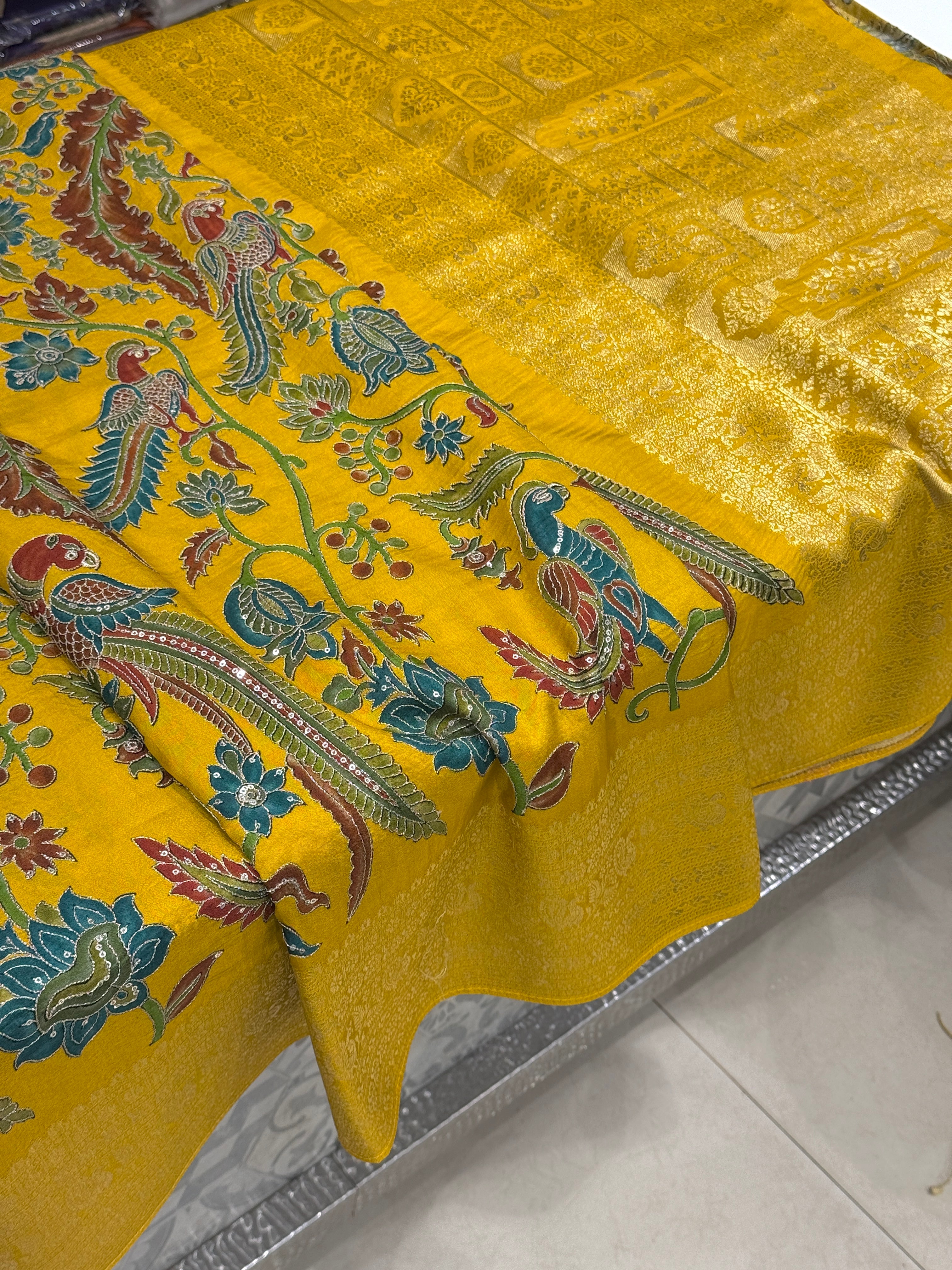 Yellow Kalamkari Weave Banarasi Munga Pita Embroidery Saree