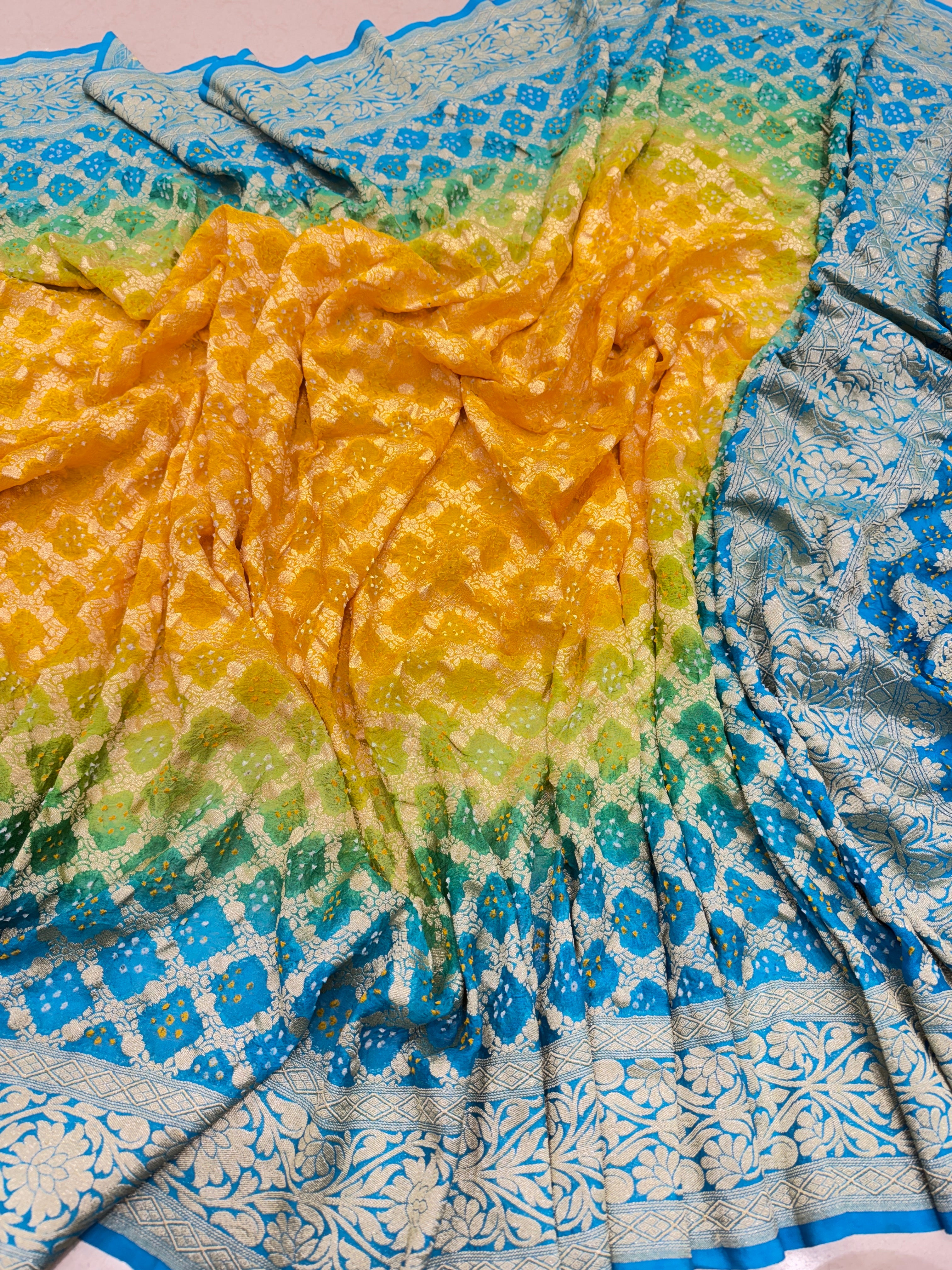 Rama Yellow Shaded Floral Border Bandhej Bandhini Saree