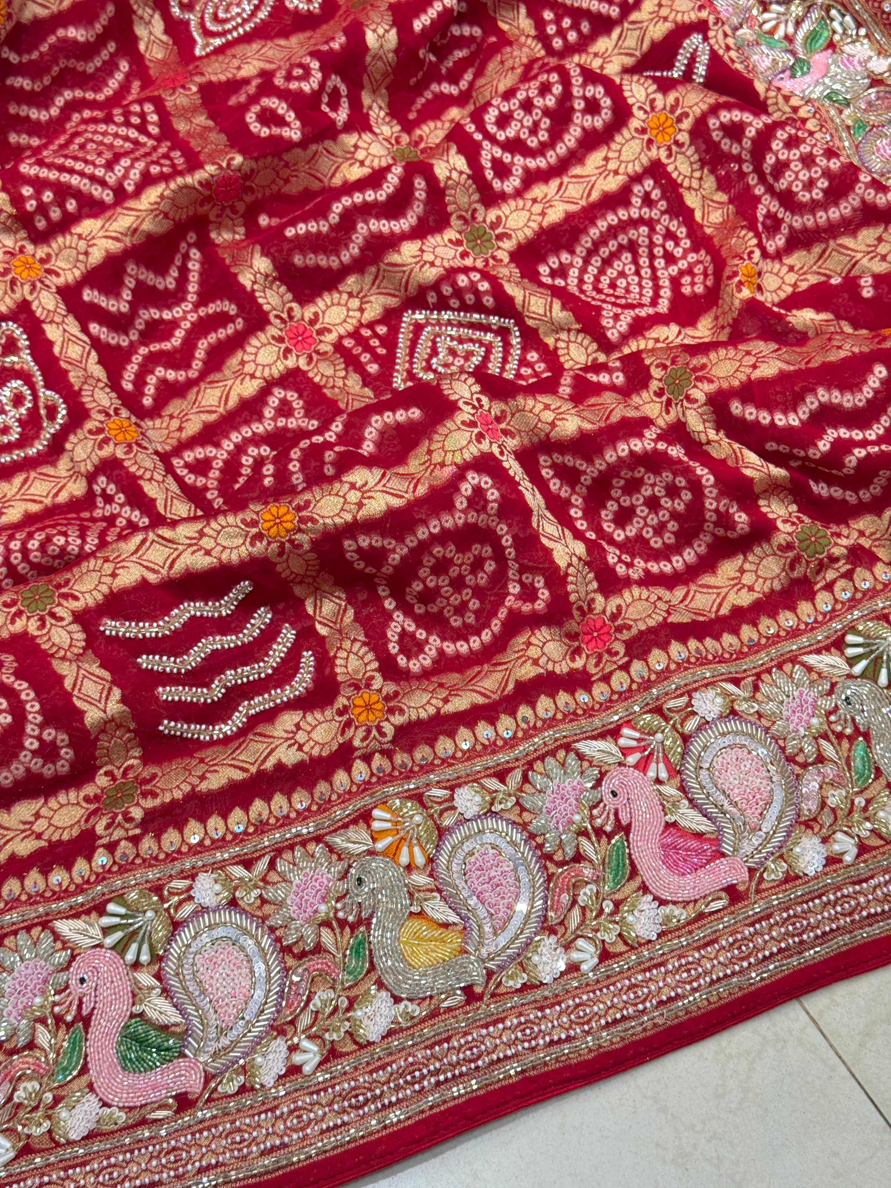 Red Gharchola Moti Sequin Zardosi Hand Embroidery Georgette Saree