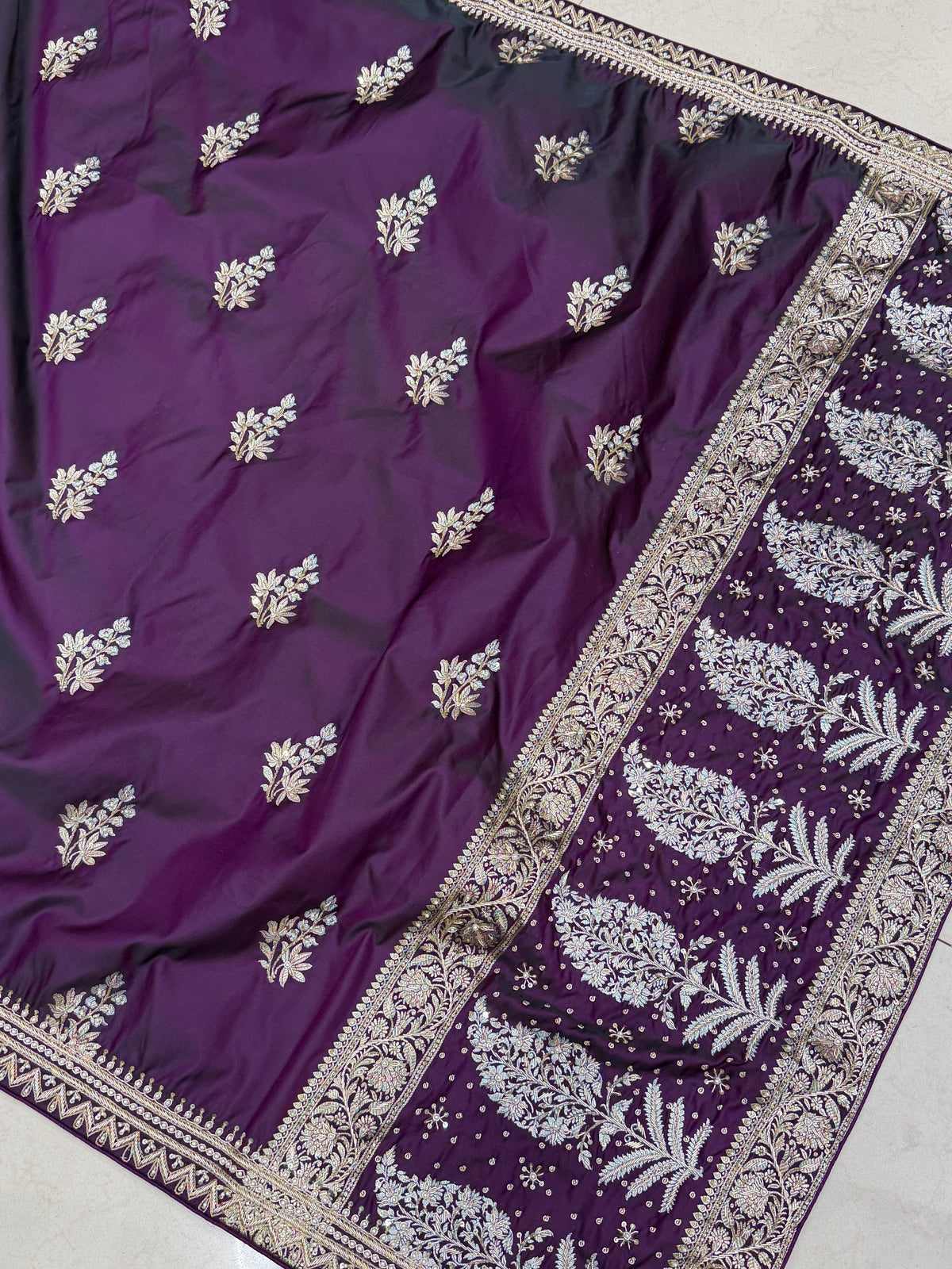 Cross Violet Banarasi Zardosi Hand Embroidery Border Pallu Saree