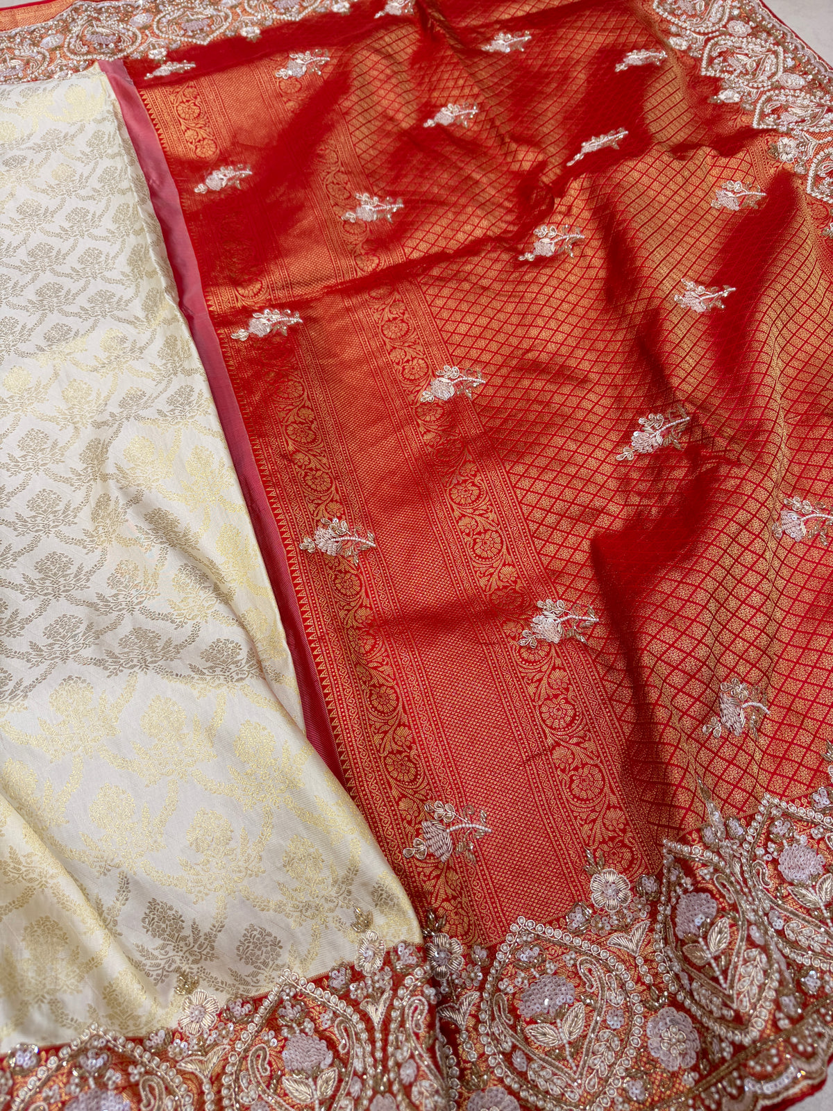 White Red Pure Silk Kanjivaram Moti Zardosi Hand Embroidery Saree