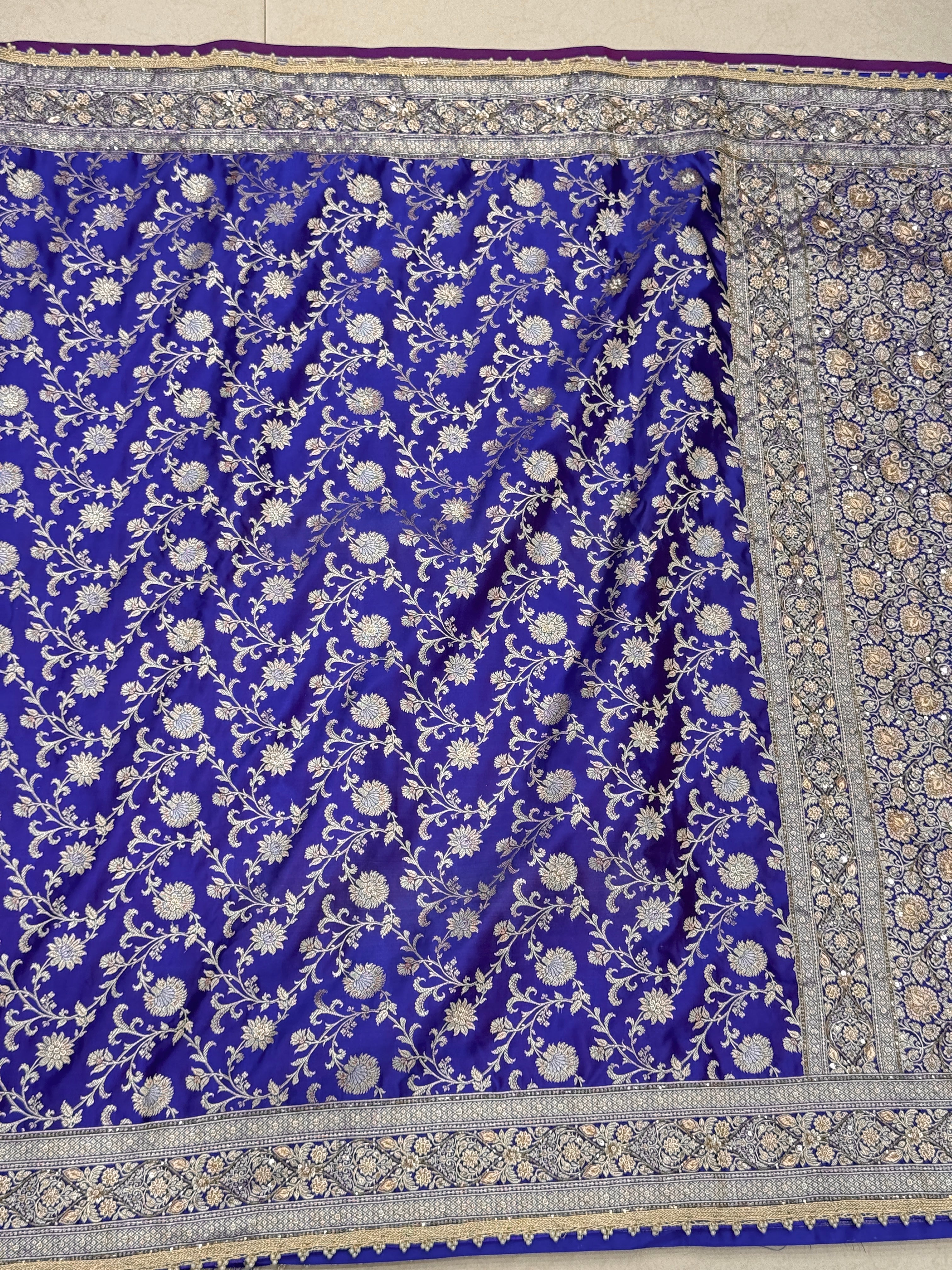 Blueish Purple Banarasi Silk Dhup Chav Hand Embroidery Zardosi Saree