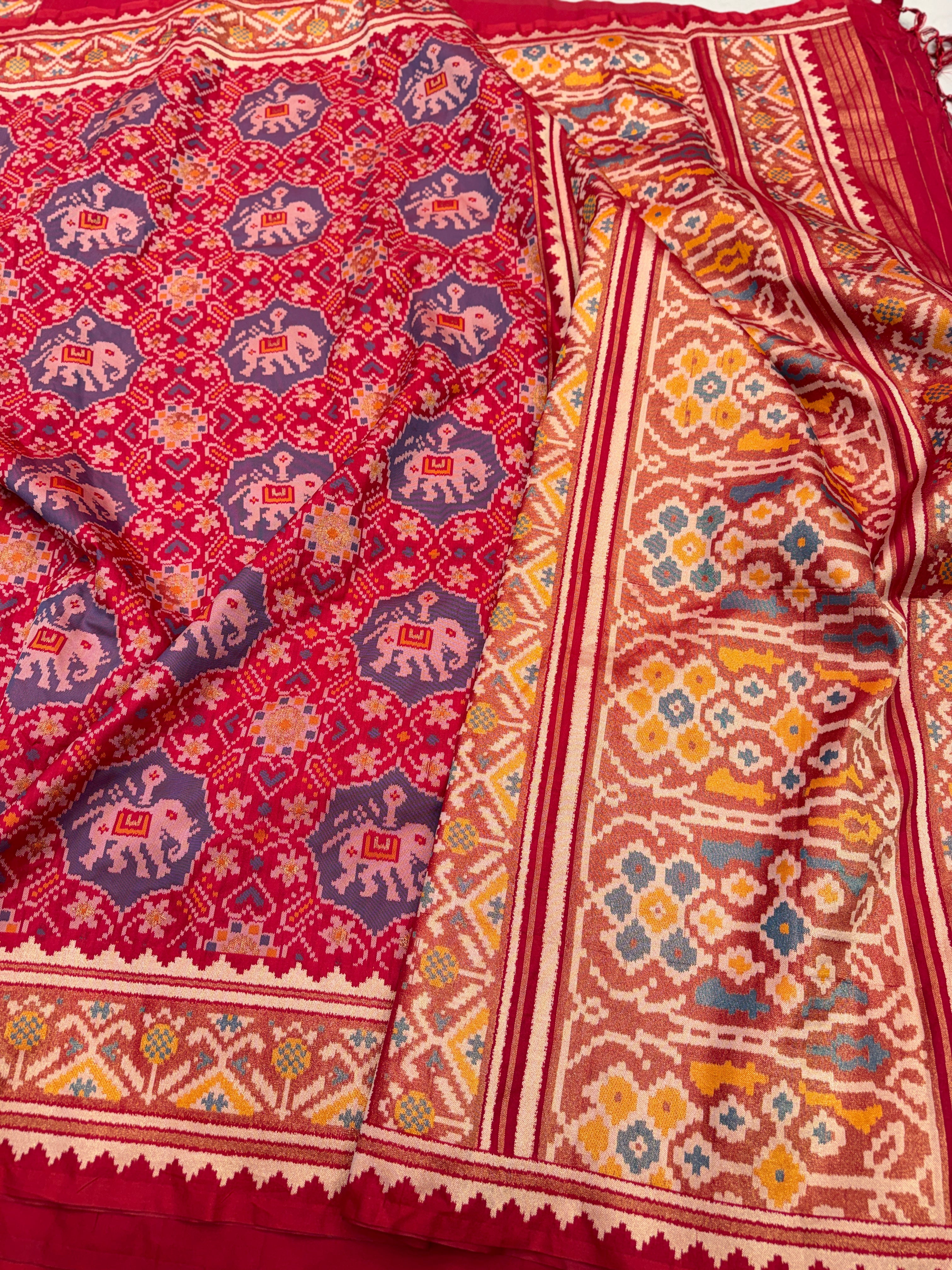 Red Nari Kunjar Elephant Motif Semi Silk Weaved Patan Patola Saree