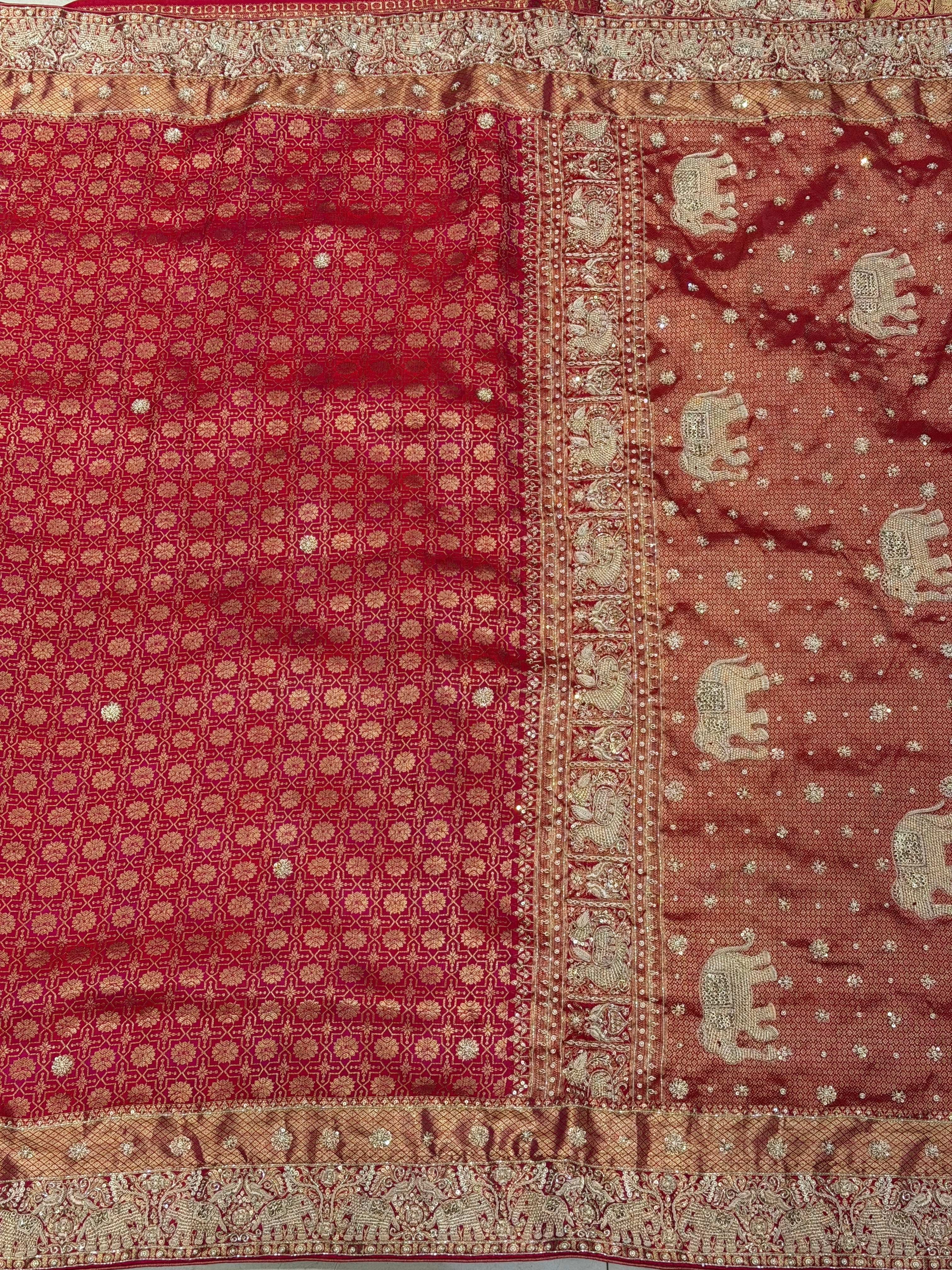 Crimson Kanjivaram Elephant Motifs Zardosi Hand Embroidery Saree
