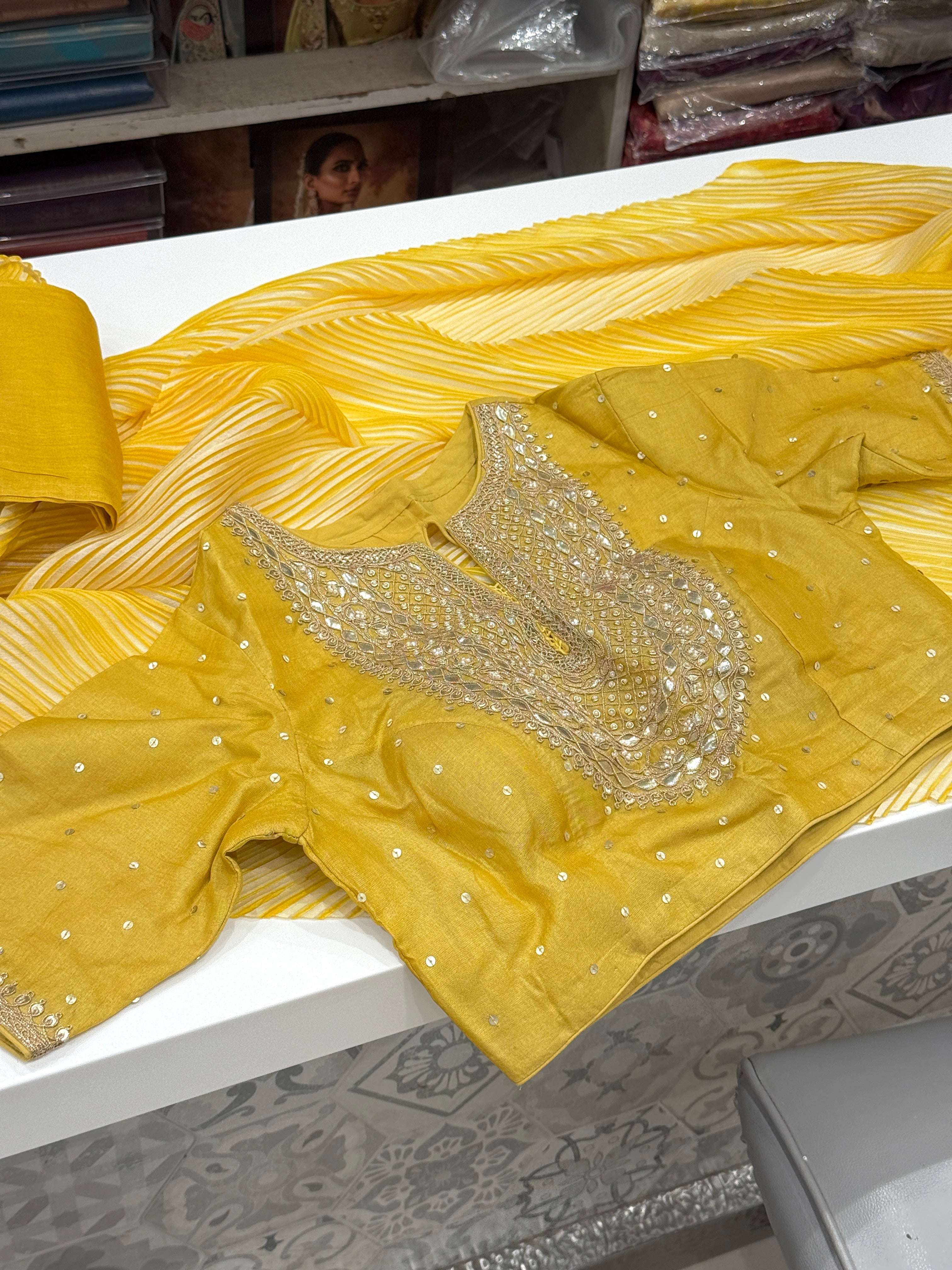 Yellow Crushed Tussor with Ready Blouse Saree