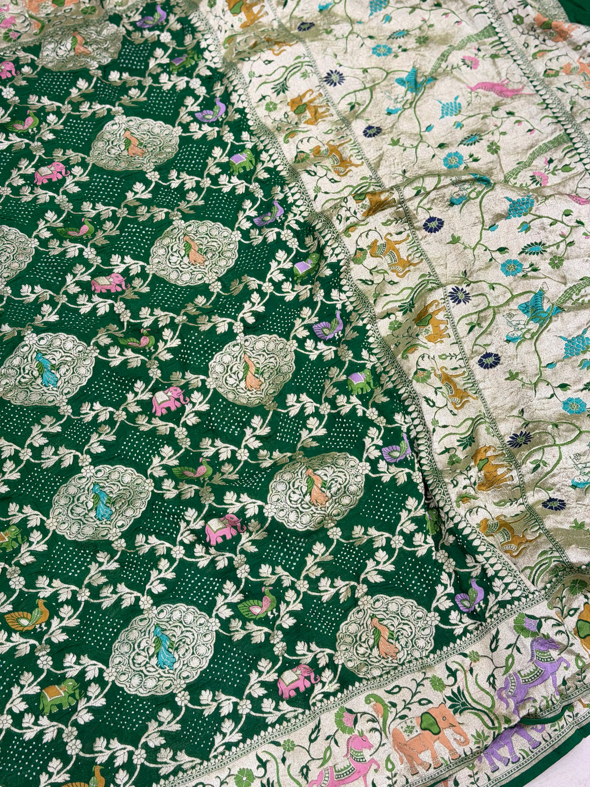 Bottle Green Meenakari Elephant Motif Geoegette Rai Bandhej Saree