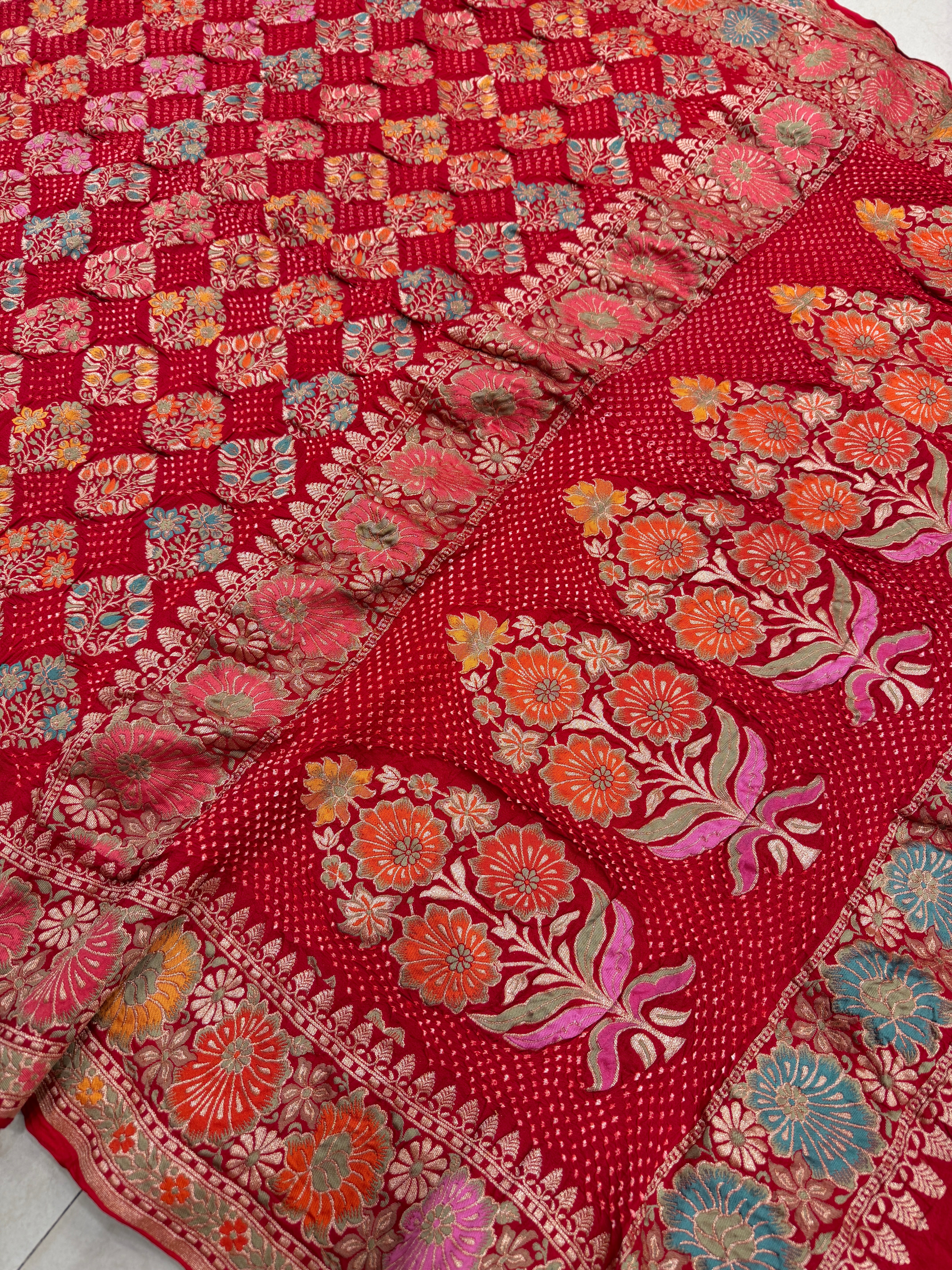 Red Meenakari Floral Butta Rai Bandhej Bandhini Saree