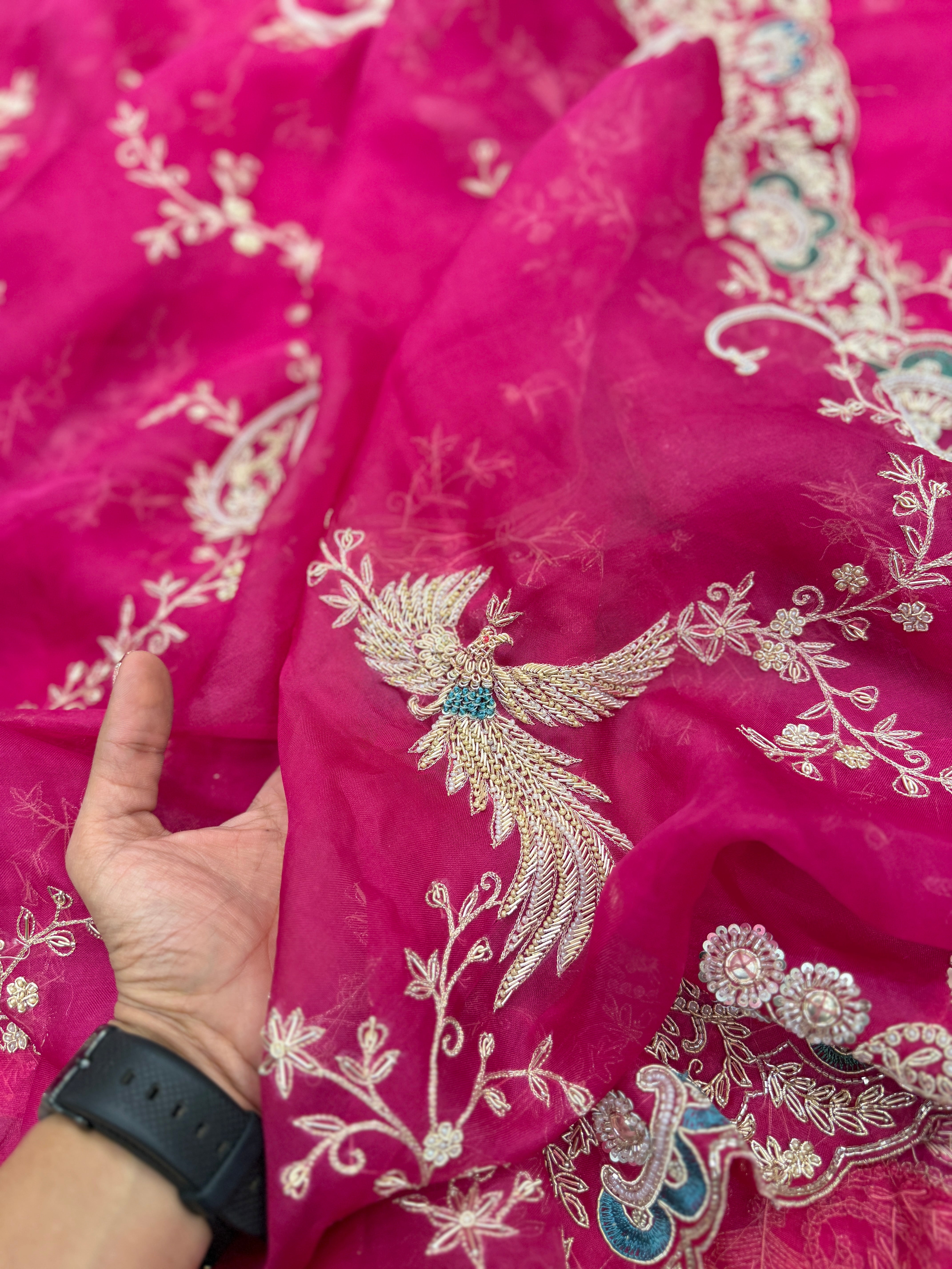 Rani Pink Organza Zardodi Phoneix Jaal Hand Embroidery Saree