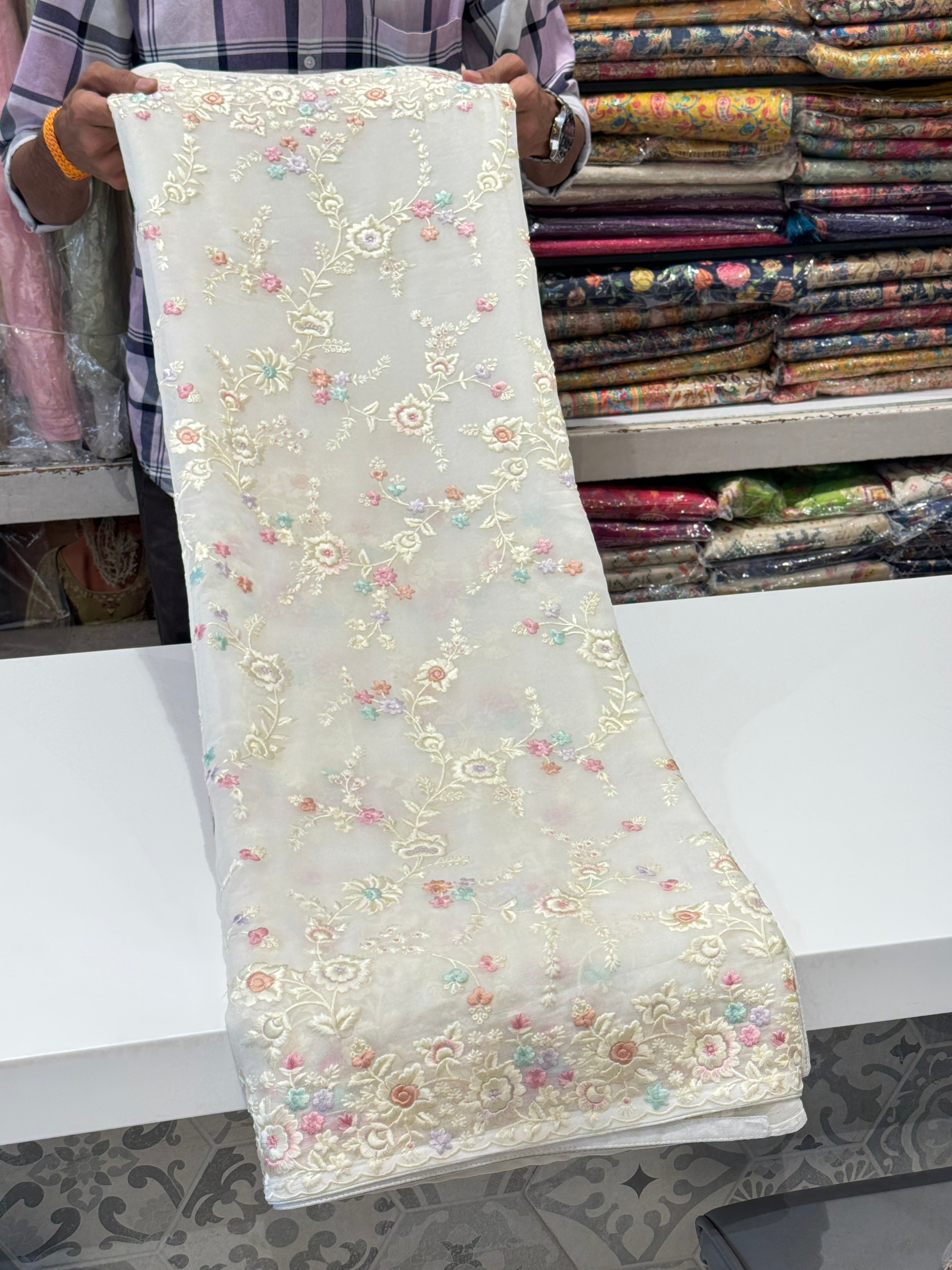 White Multi Colored Resham Parsi Gara Saree On Georgette