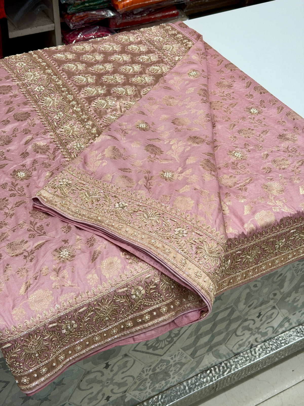 Lilac Pink Jaal Handloom Banarasi Katan Silk Zardosi Hand Embroidery Saree