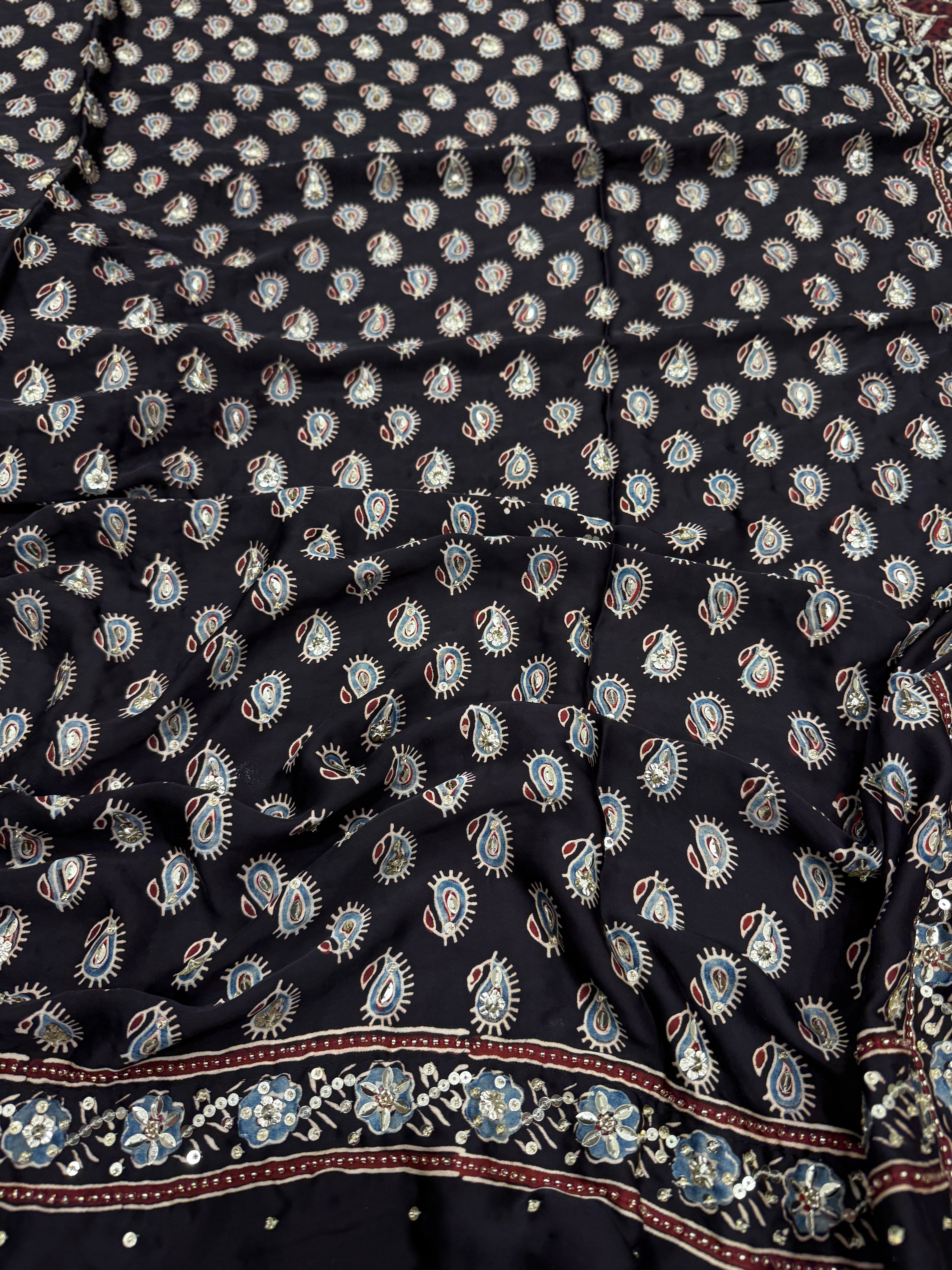 Black Buttis Ajrakh Hand Embroidery Sequin Saree