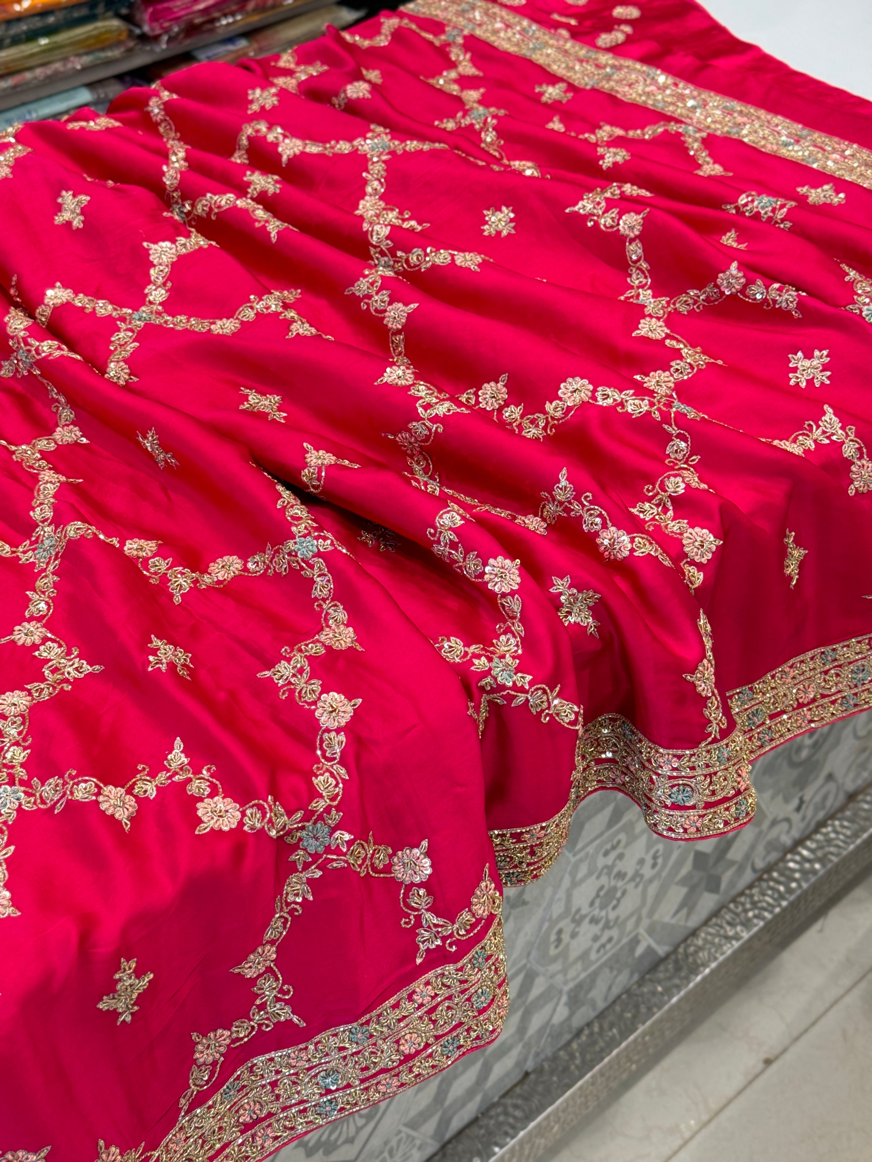 Rani Resham Mughal Jaal Satin Hand Embroidery Zardosi Saree