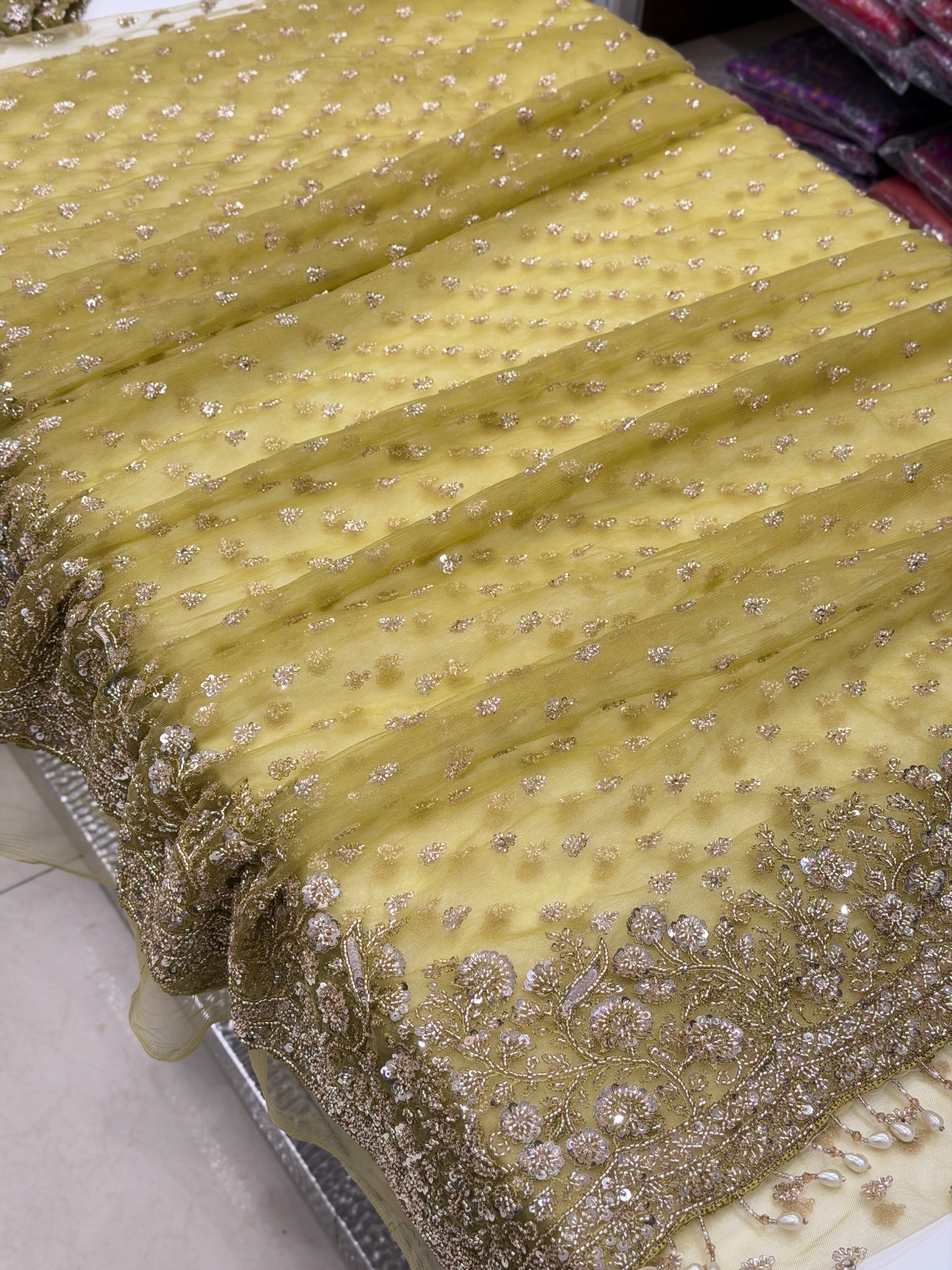 Lime Green Moti Sequin Ready Blouse Soft Net Embroidery Saree
