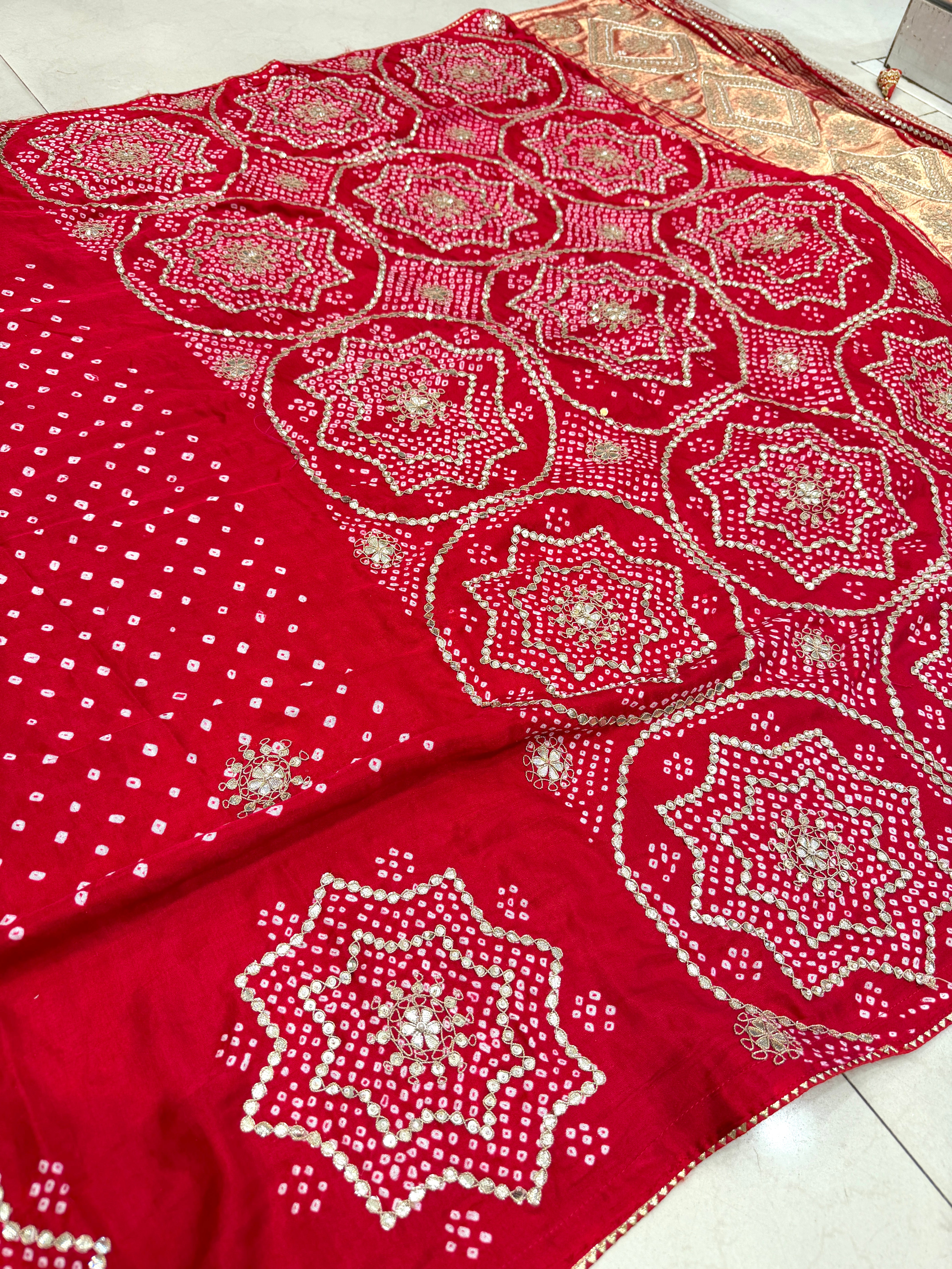 Red Gajji Silk Rai Bandhej Marodi Hand Embroidery Dabka Saree
