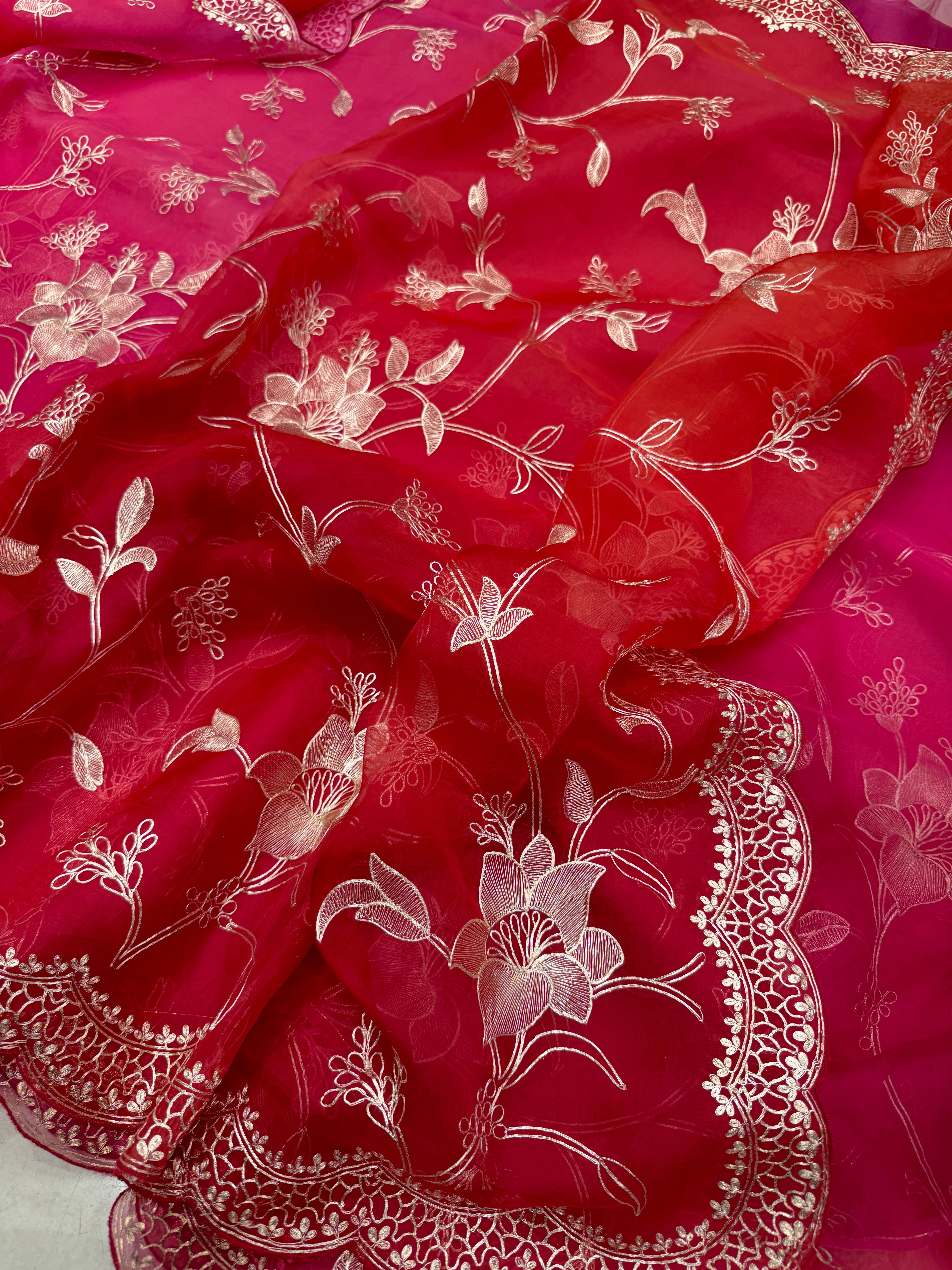 Rani Shaded Orange Handloom Pure Organza Pita Embroidery Saree