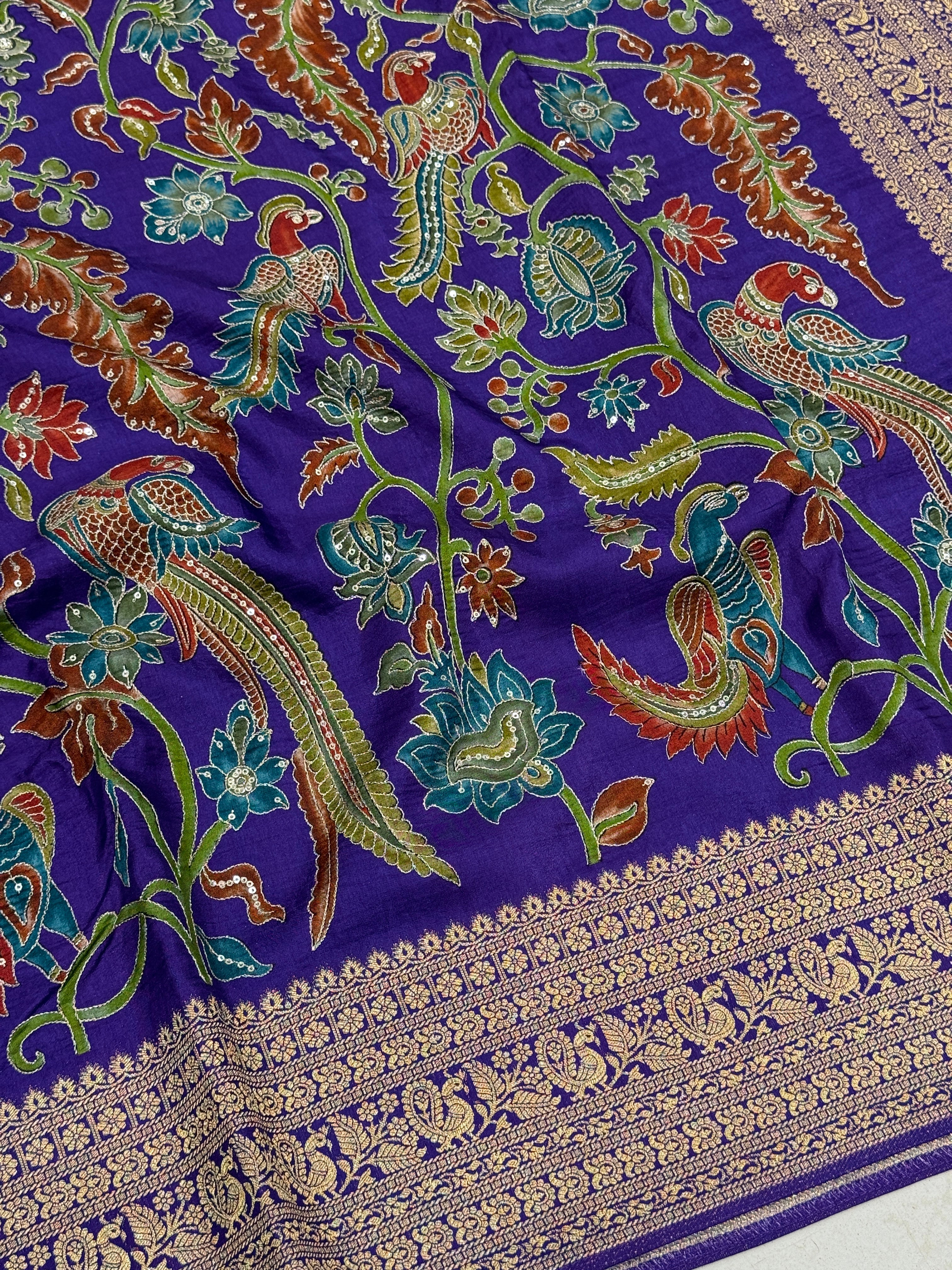 Violet Kalamkari Weave Banarasi Munga Pita Embroidery Saree